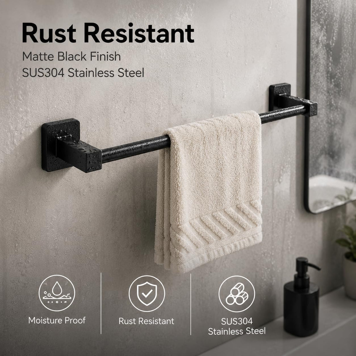 Matte Black Bathroom Hardware Set 4 Pieces,Bathroom Accessories Set Stainless Steel Wall Mounted, Hand Towel Bar, Towel Ring, Robe Towel Hooks,Toilet Paper Holder,Towel Bar Set, 23.6 Inch