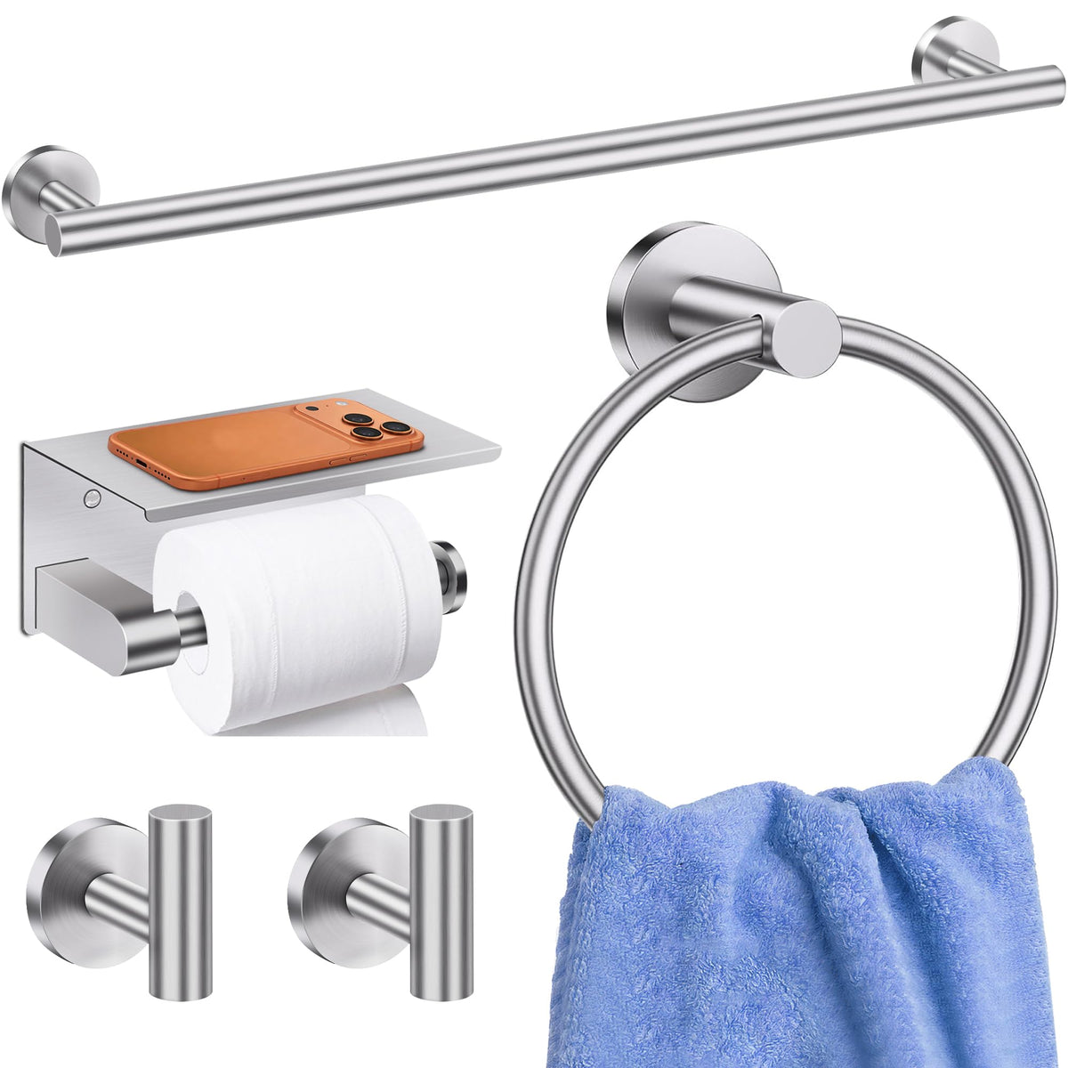 5 Pieces Bathroom Hardware Accessories Set Brushed Gold, 24Inch Bathroom Towel Rack Set SUS304 Stainless Steel, Round Toilet Paper Holder with Shelf Heavy Duty, Wall Mounted