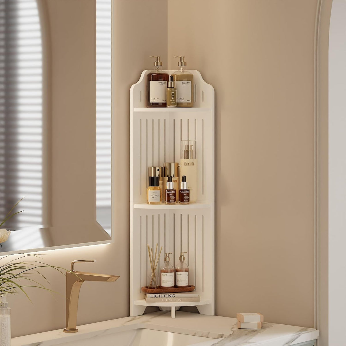 VECELO 3-Tier Bathroom Corner Shelf, Freestanding Triangle Storage Rack, Waterproof Corner Organizer, White Vertical Corner Shelving Unit for Bathroom Toilet Small Space,White