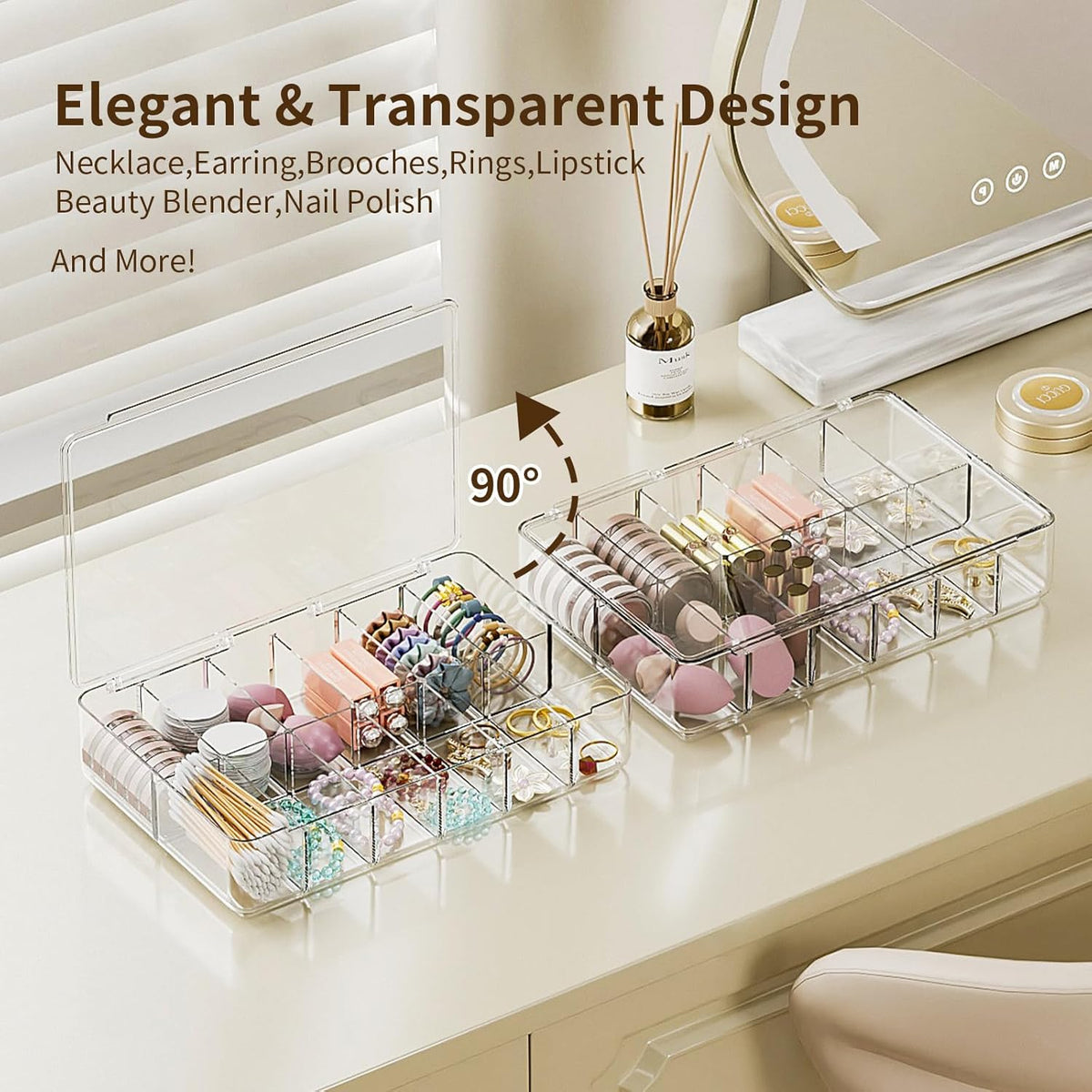 Clear Acrylic Makeup Organizer with Cover - 12 Compartments Cosmetic and Jewelry Organizer for Vanity and Desk Storage