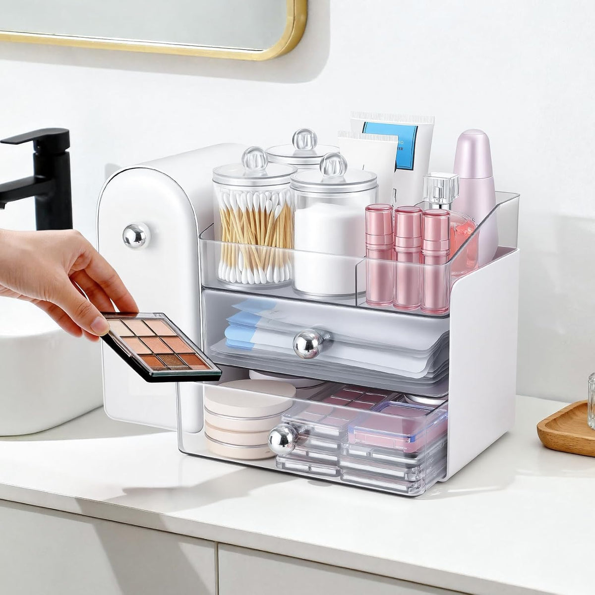 Makeup Organizer Countertop with Makeup Brush Holder,White