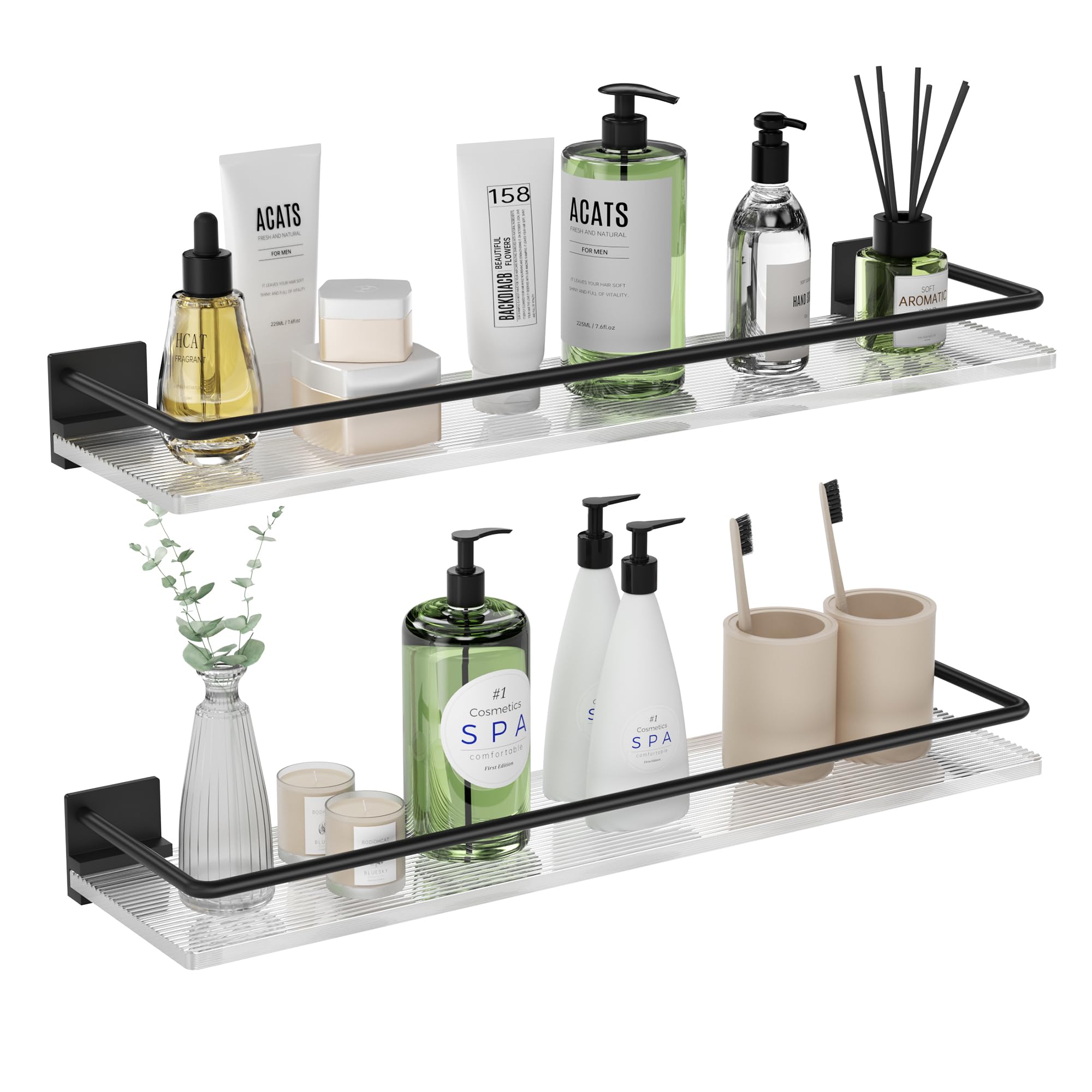 Acrylic Bathroom Floating Shelves - Set of 2, Wall Mounted Shelves for Suitable for Lavatory, Kitchen, Laundry Room, Farmhouse, for Item Storage/Room Decoration (Black)