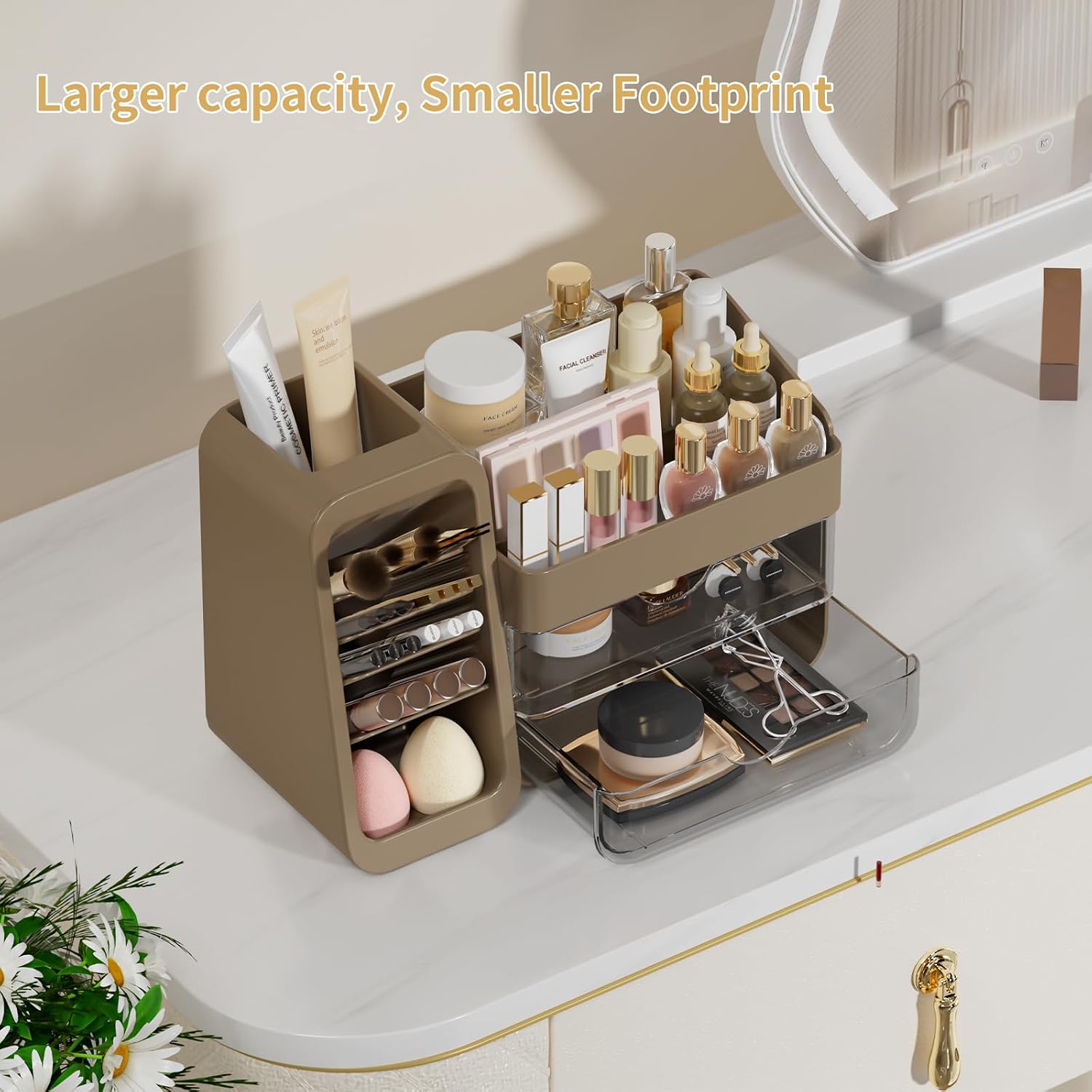 Countertop Makeup Skincare Organizer with Adjustable Brush Holder, Taupe