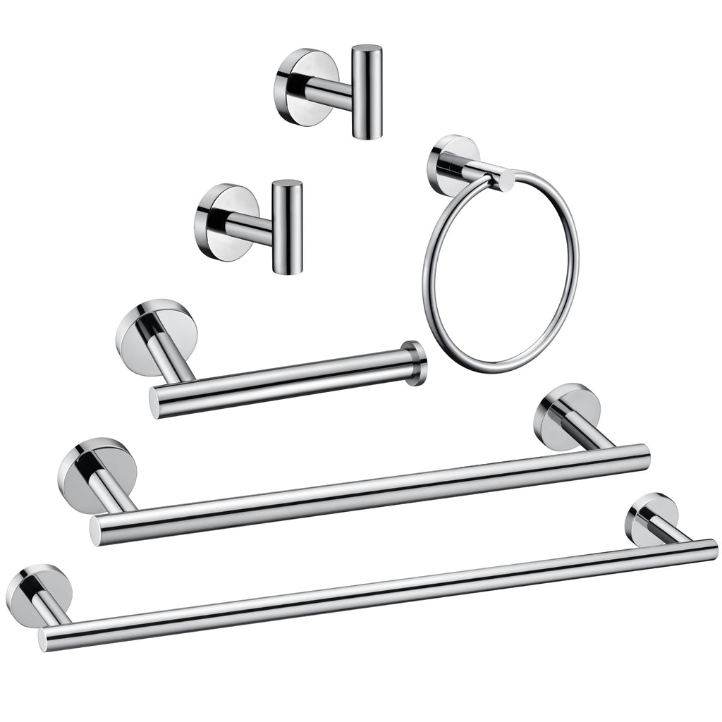 6 Pieces Brushed Nickel Bathroom Hardware Accessories Set Hand Towel Ring 16&23.6 inch Round Towel Bar Silver Toilet Paper Holder Towel Hooks 2 Pieces SUS 304 Stainless Steel,Heavy Duty,Wall Mounted