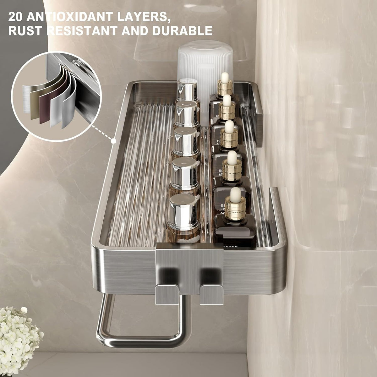 VOLPONE Stainless Steel Wall Mounted Bathroom Shelves - 2-Tier Floating Shelf with Removable Hooks (Brushed Nickel)