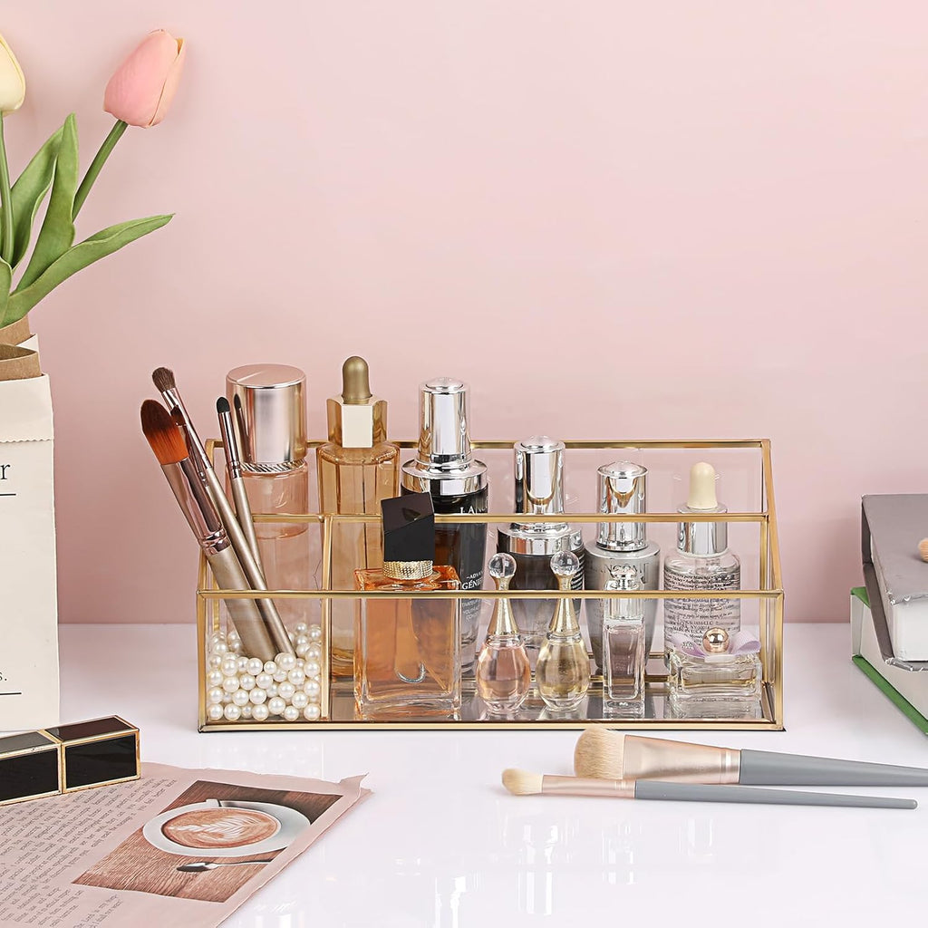 Hipiwe Vintage Gold Makeup Organizer, Mirrored Glass 3 Slots Vanity Holder