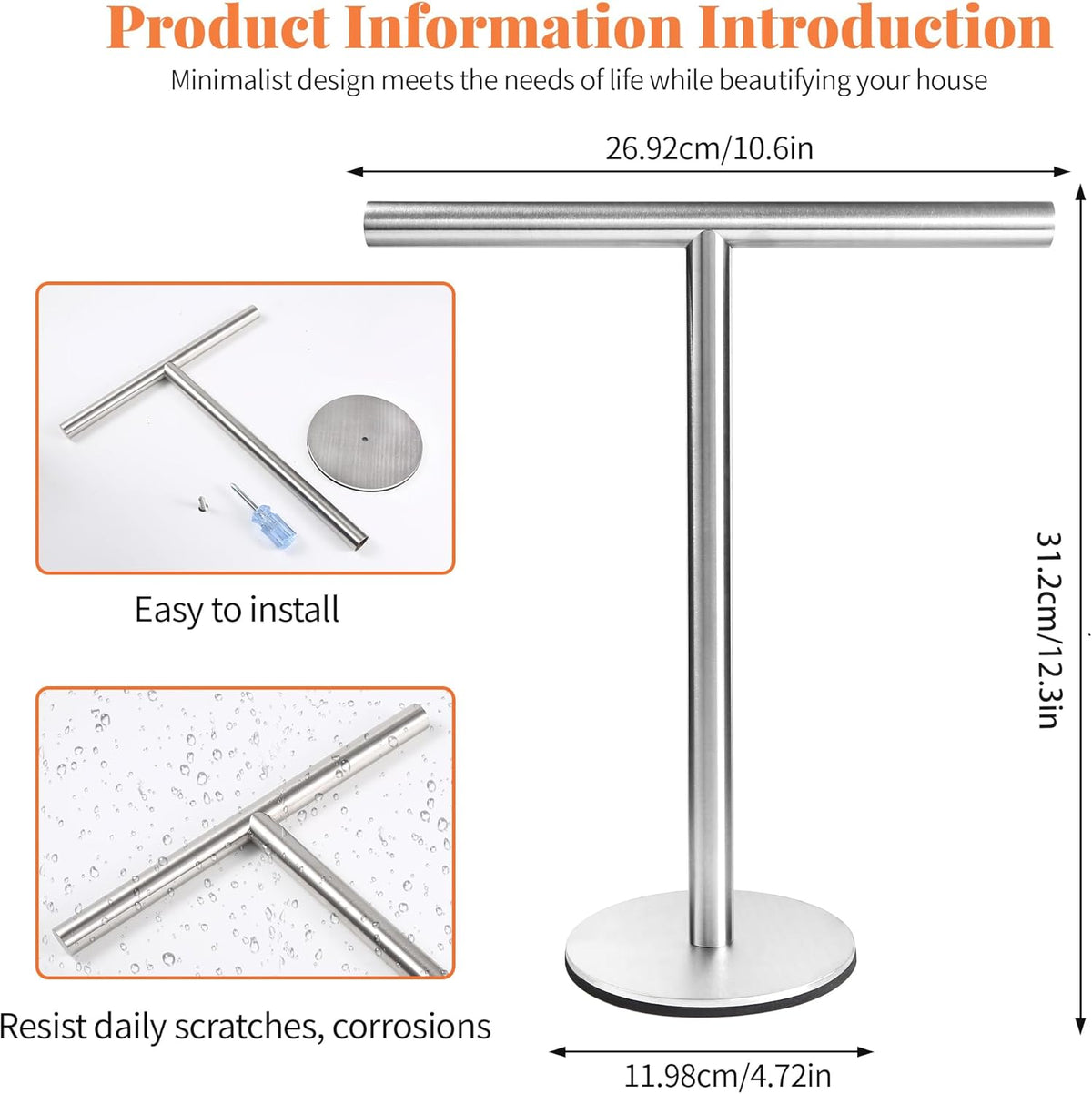 Bath Hand Towel Holder Standing, 13 Inch T-Shape Towel Bar Rack Stand, SUS304 Stainless Steel Brushed Finish,Tower Bar for Bathroom Kitchen Vanity Countertop
