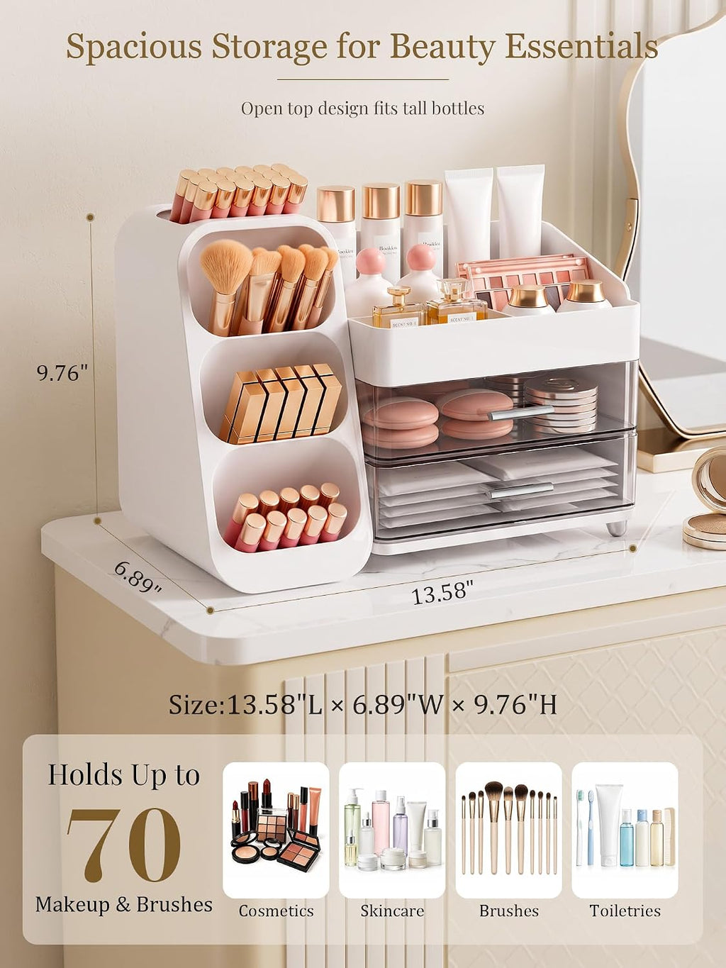 Booklov Large Makeup Organizer for Vanity Countertop, White