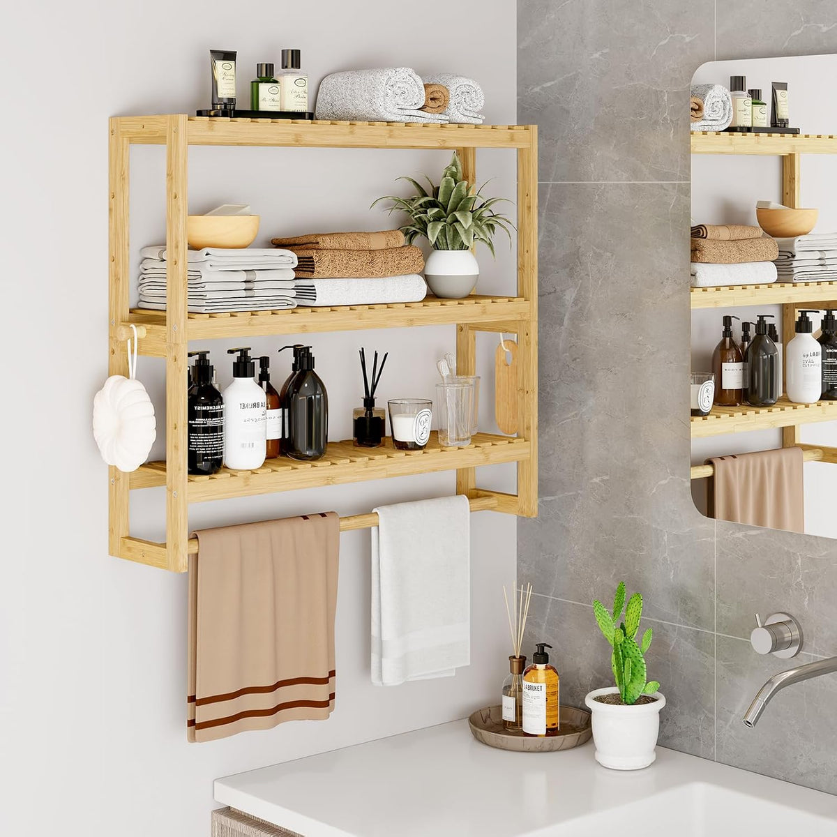 RRX Bathroom Shelf Storage Organizer, Shelf 3-Tier Adjustable Layer, Beige
