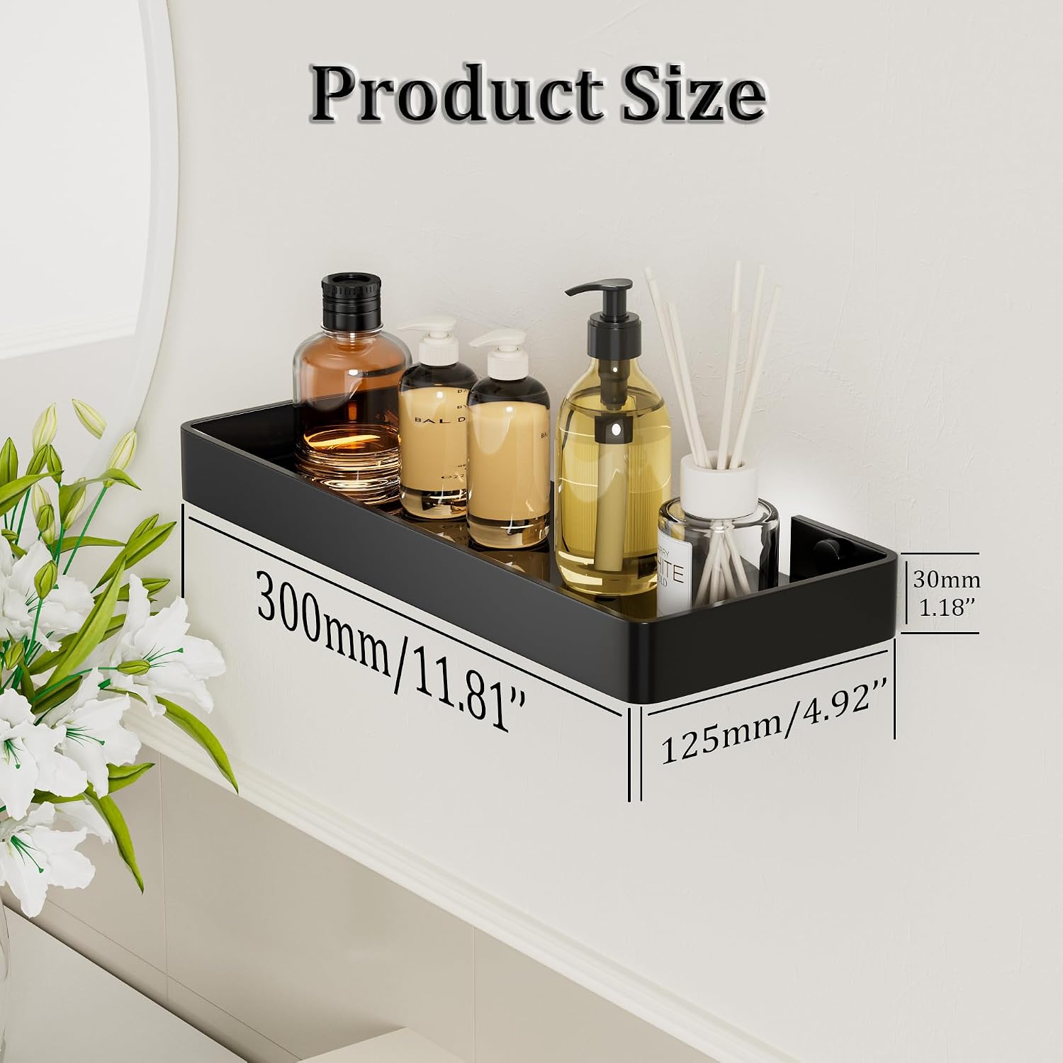 Alise Bathroom Shelves,11.8" Black Glass Shelves for Bathroom Wall Mounted