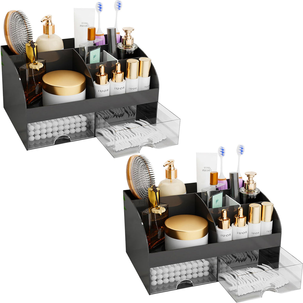 Makeup Organizer with Drawers, Cosmetic Storage for Dresser Vanity and Bathroom Countertop, Beauty Holder for Lipstick Brush, Skincare Organizer for Vanity, Cosmetic Display Case (Black-2Pack)