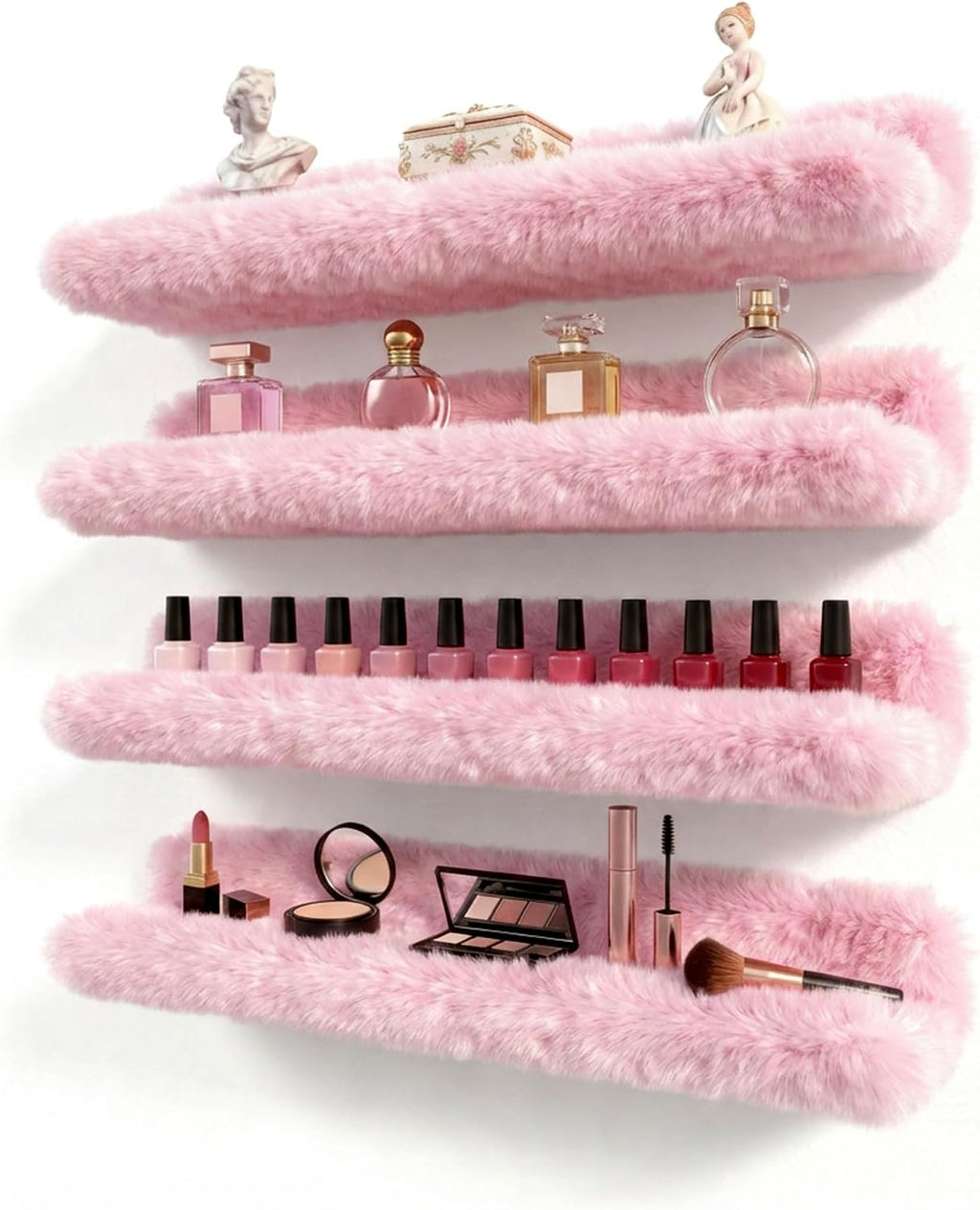Care&More YJ 15 Inch Nail Polish Shelves, 4-Pack Fuzzy Display Nail Polish Rack for Storing Nail Bottles, Sunglasses, Essential Oils, Plush Soft Pink