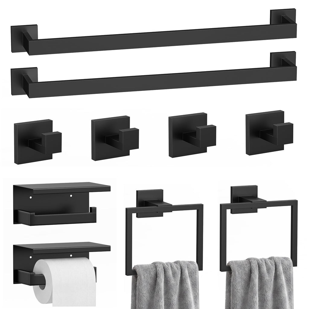 5-Piece Bathroom Hardware Set, 23.6 Inch Towel Bar Set SUS304 Stainless Steel Towel Racks for Bathroom Round Towel Bar, Towel Ring, Toilet Paper Holder, 2 Robe Hooks, Wall Mounted (Black)