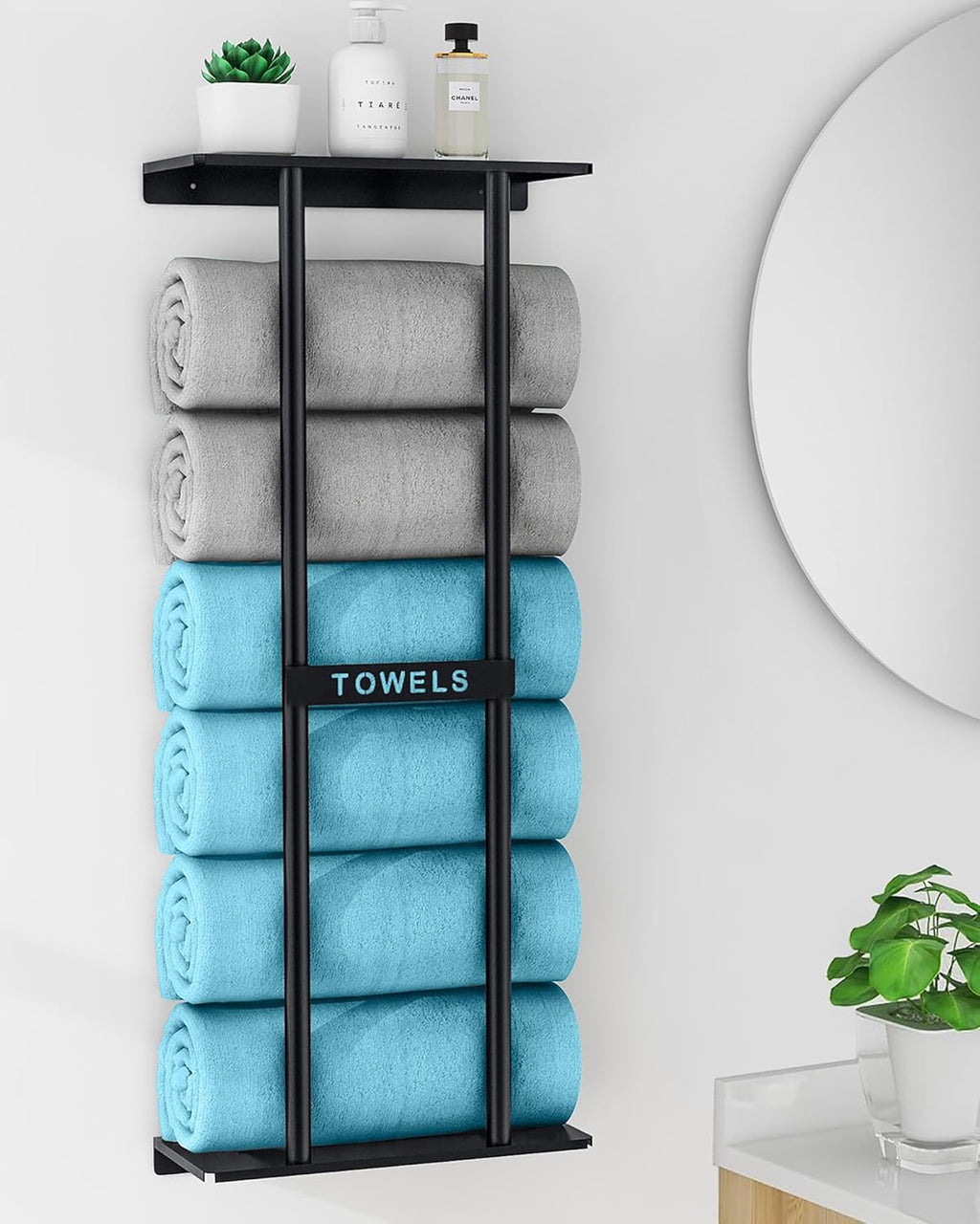 STWWO Towel Racks for Bathroom, Bathroom Towel Storage Wall Mounted 30 inch with Shelf Can Holds 6 Large Towels, Wall Towel Rack for Rolled Towels, Black