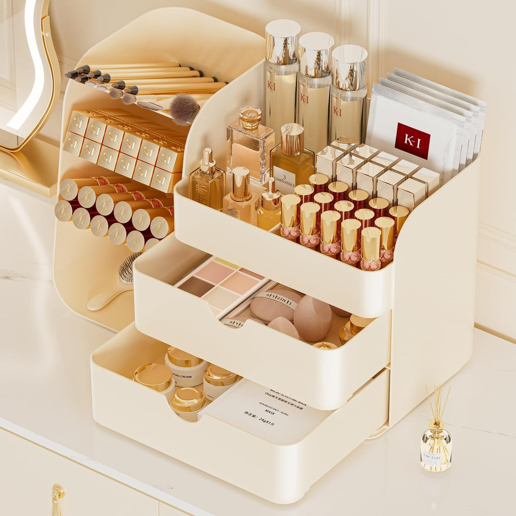 Booklov Small Makeup Organizer for Vanity Countertop, Cream