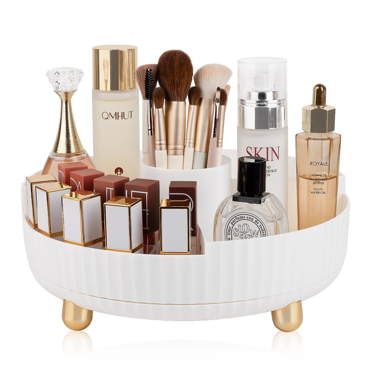 360 Rotating Makeup Perfume Organizer Skincare Tray, Small Ivory White