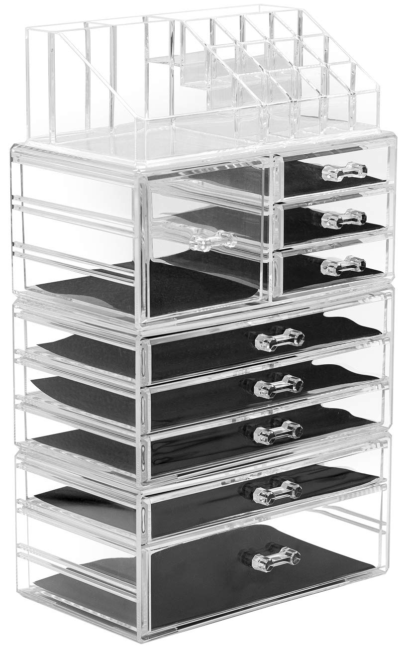Sorbus Large Clear Makeup Organizer - Detachable 3-Piece Jewelry & Make Up Organizers and Storage Set - Spacious Cosmetic Display Tower - Makeup Organizer for Vanity, Bathroom, Dresser & Countertop