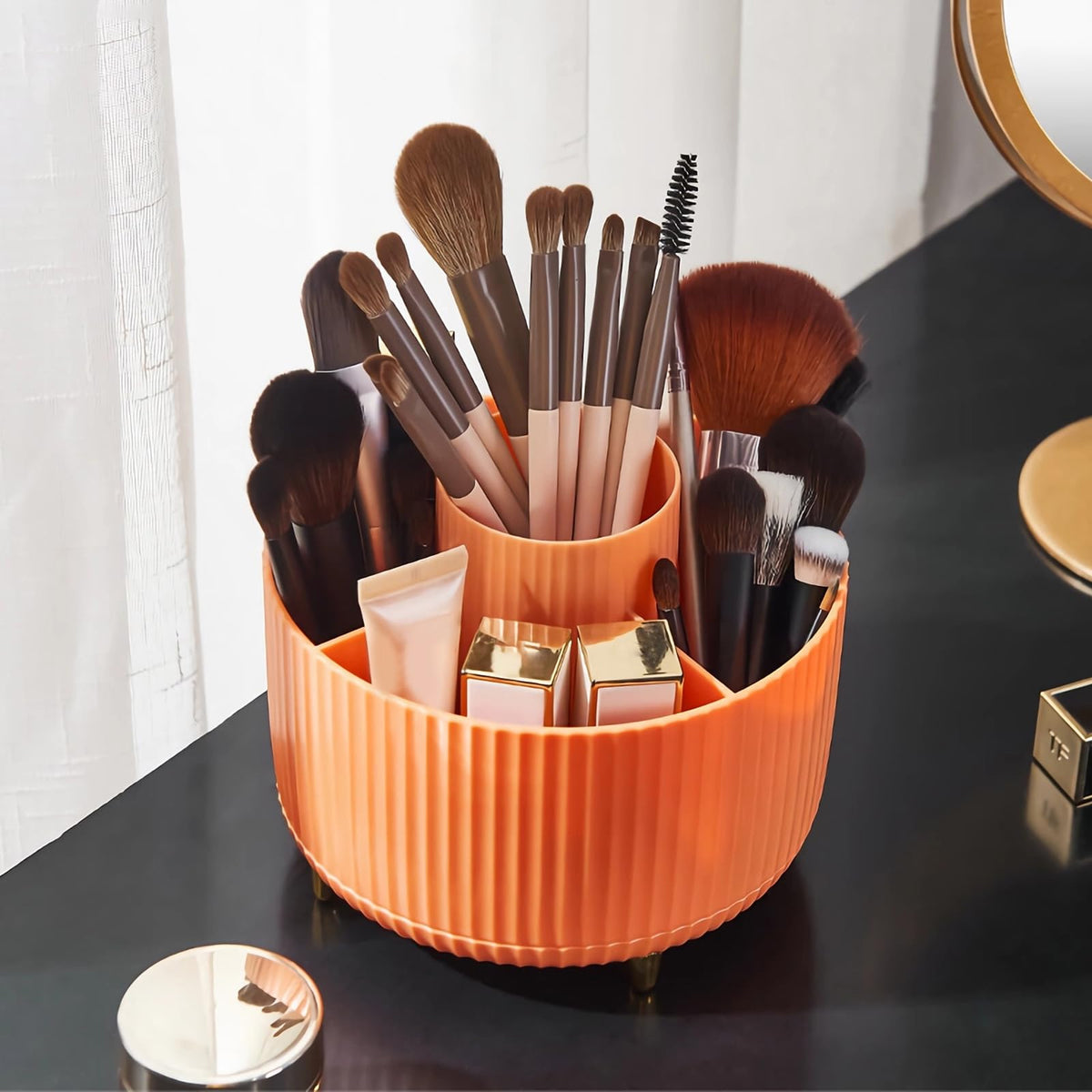 Diesisa Makeup Brush Holder Organizer,360° Rotating Makeup Brush Organizer,5 Slot Make up Brushes Cup for Cosmetics, Nail Polish, Art Supply, Bathroom Vanity Desktop Organizer - White
