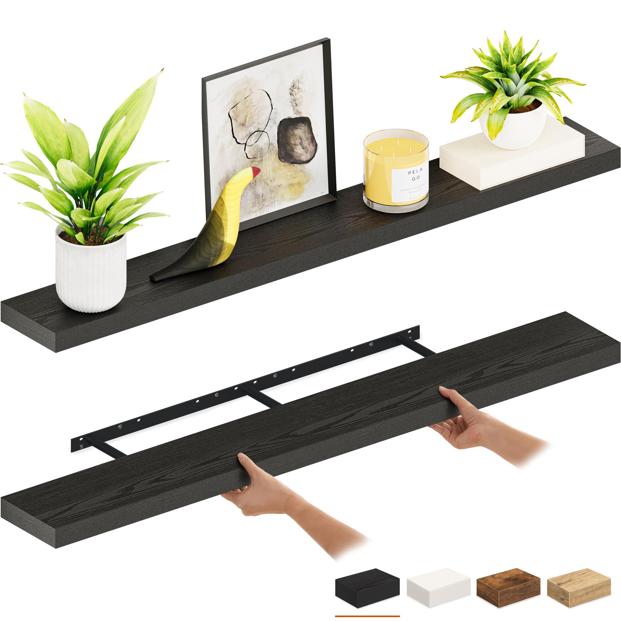Ballucci Floating Shelves, 55" Wood Wall Shelf Set of 2, with Invisible Brackets for Bathroom, Living Room, Bedroom, Kitchen, Nursery, 6" Deep, White