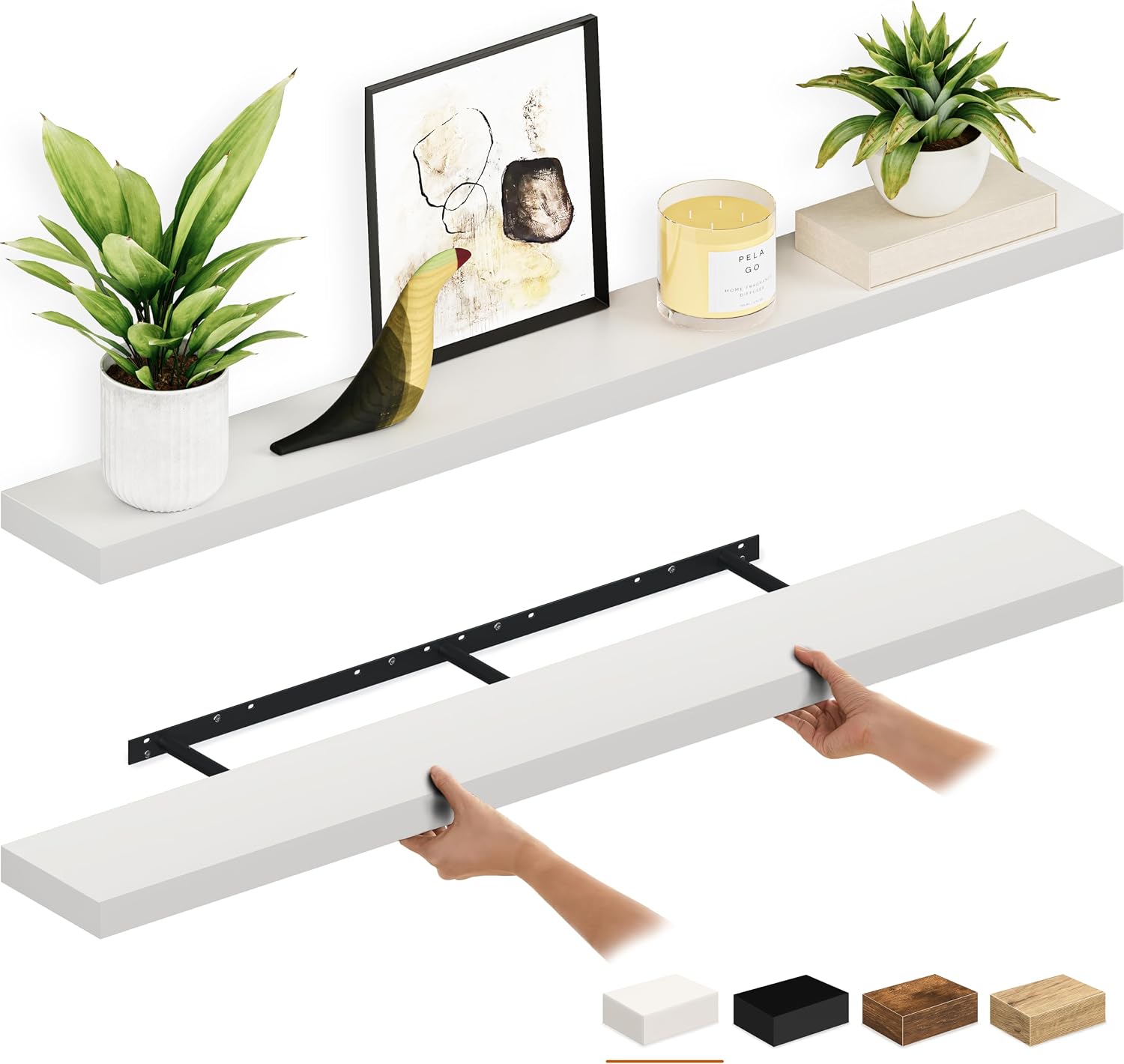 Ballucci Floating Shelves, 55" Wood Wall Shelf Set of 2, with Invisible Brackets for Bathroom, Living Room, Bedroom, Kitchen, Nursery, 6" Deep, White