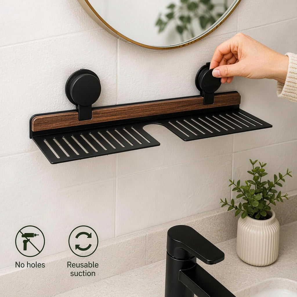 Suction Mount Over Sink Bathroom Shelf Wood Metal Storage Tray