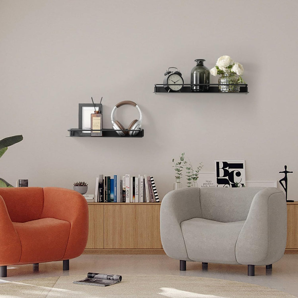 RFOUO 8 Inch Small Metal Wall Shelf with Guard Rail,Black,1 Pack