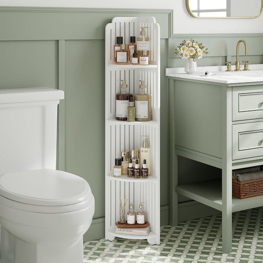 VECELO 4-Tier Bathroom Shelves for Narrow Space, Modern Corner Shelf Stand,Small Storage Organizer for Bathroom,Toilet Paper Stand,White