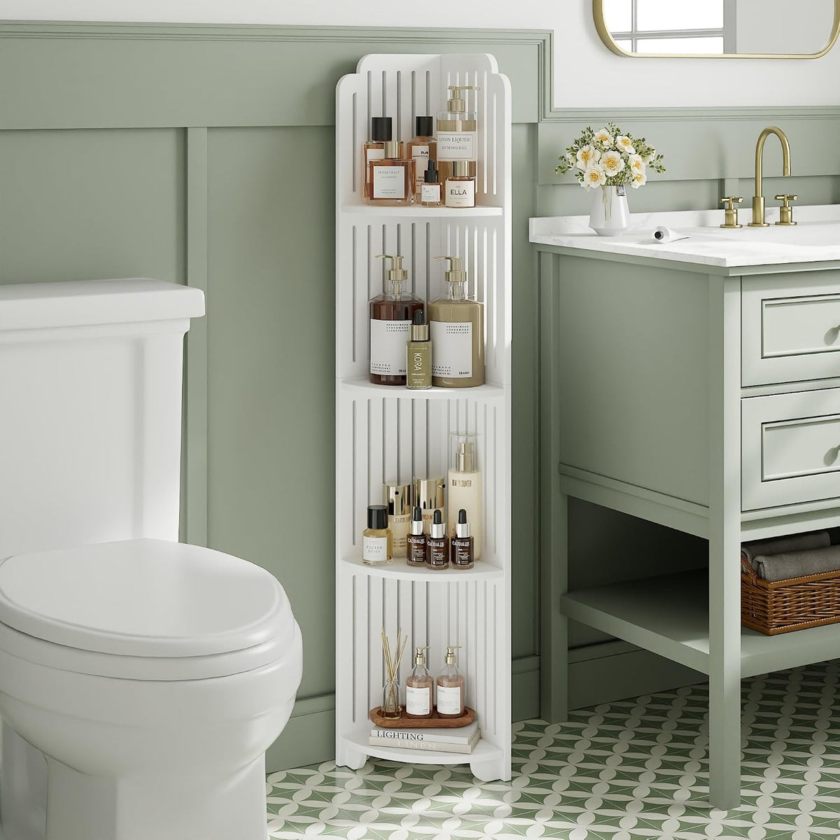 VECELO 4-Tier Bathroom Shelves for Narrow Space, Modern Corner Shelf Stand,Small Storage Organizer for Bathroom,Toilet Paper Stand,White