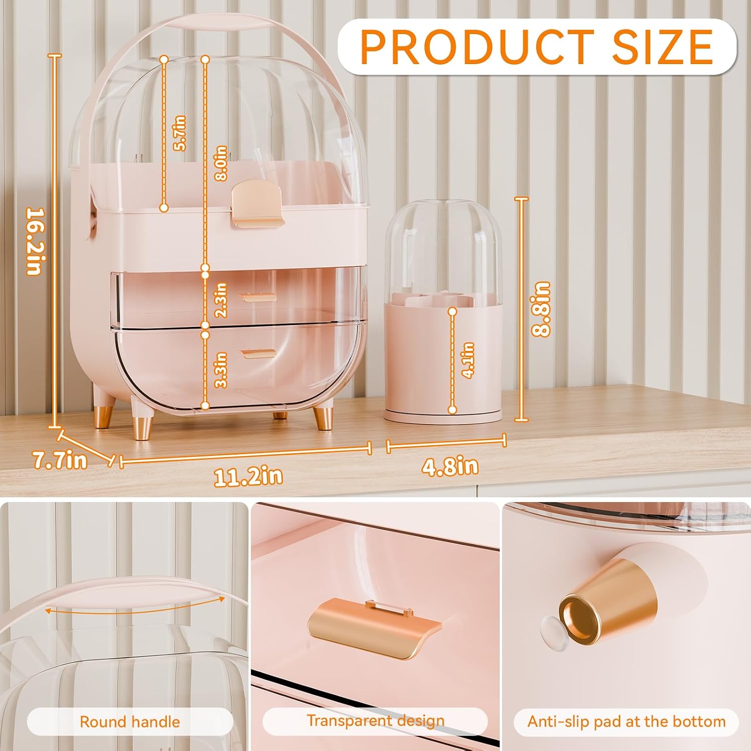 Yieach Countertop Makeup Organizer for Vanity,Large Capacity Skincare Organizers With Drawers and Makeup Brush Holder,Cosmetic Display Cases with Clear Cover for Bathroom,Dresser,Beauty Product,Pink