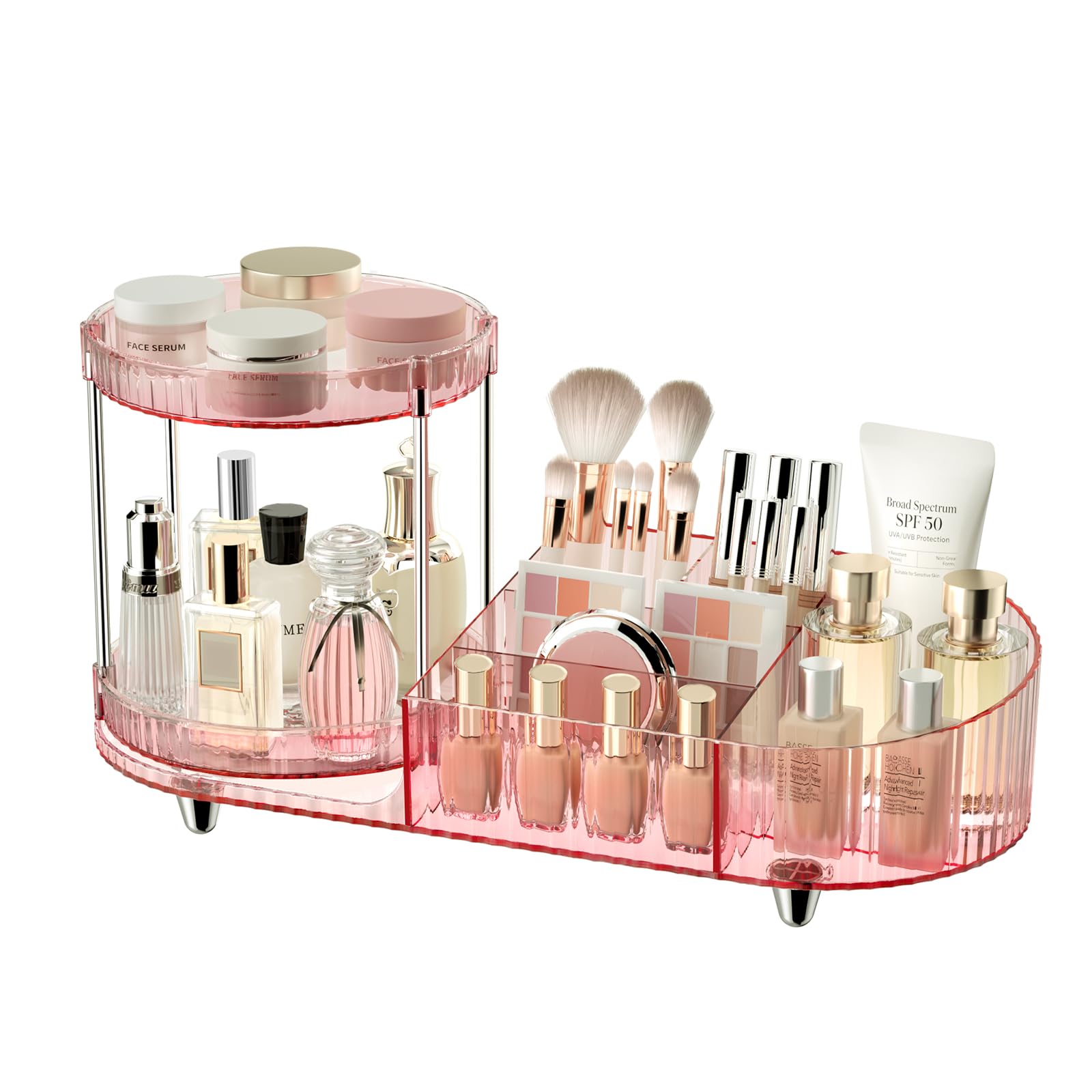 Makeup Organizer Countertop for Vanity, Rotating Perfume Tray with 5-compartment Cosmetic and Skincare Organizers, Multi-Purpose Desk Storage Makeup Brush Holder for Bathroom Bedroom Counter