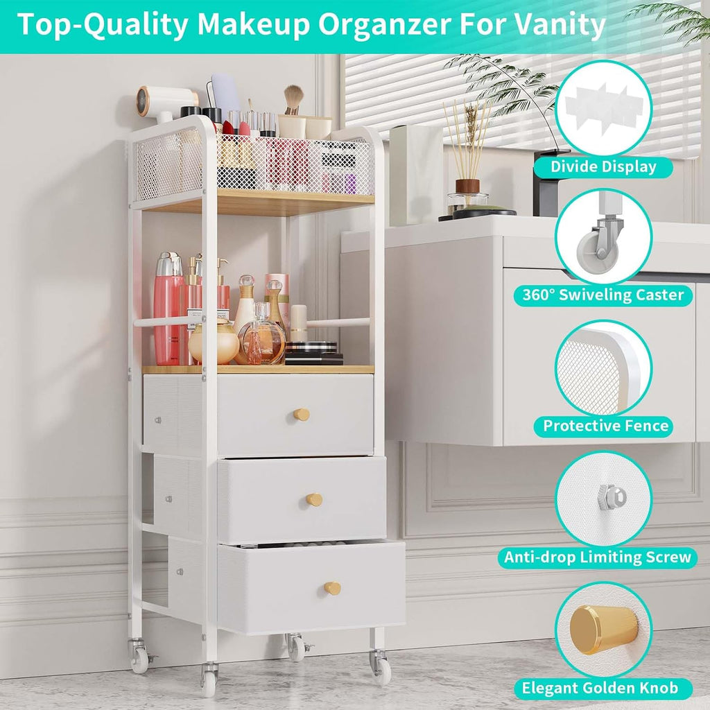 HapiRm Rolling Makeup Cart Organizer - Floor Skincare Make Up Storage with 3 Non-woven Fabric Drawers, Vanity Organizer Cosmetic Display Cases Holder for Skin Care Perfume Nail Polish Brush Hair Tool
