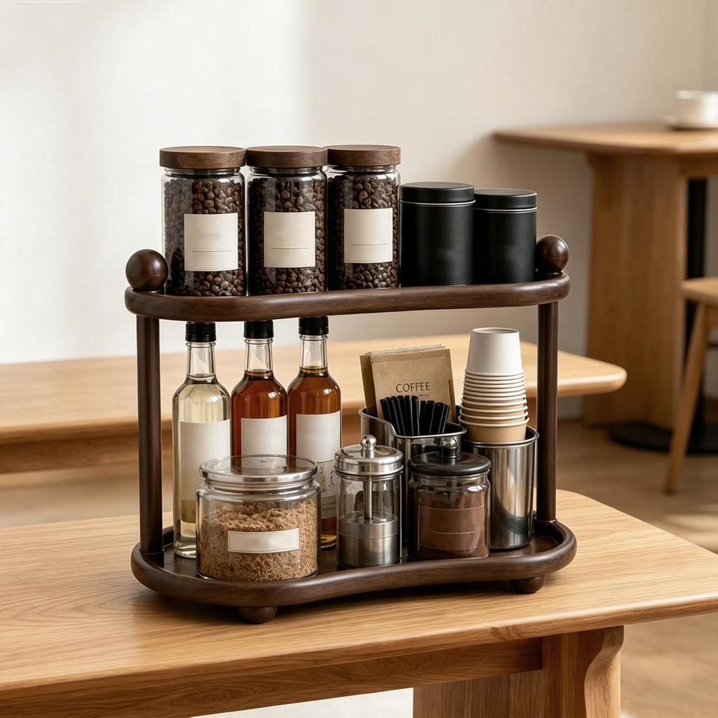 Bathroom Vanity Organizer, ABS Plastic Wood-Look Countertop Shelf, 13.2x7.8x11.8 in, with Anti-Slip Ball Feet (Two-Tier A)