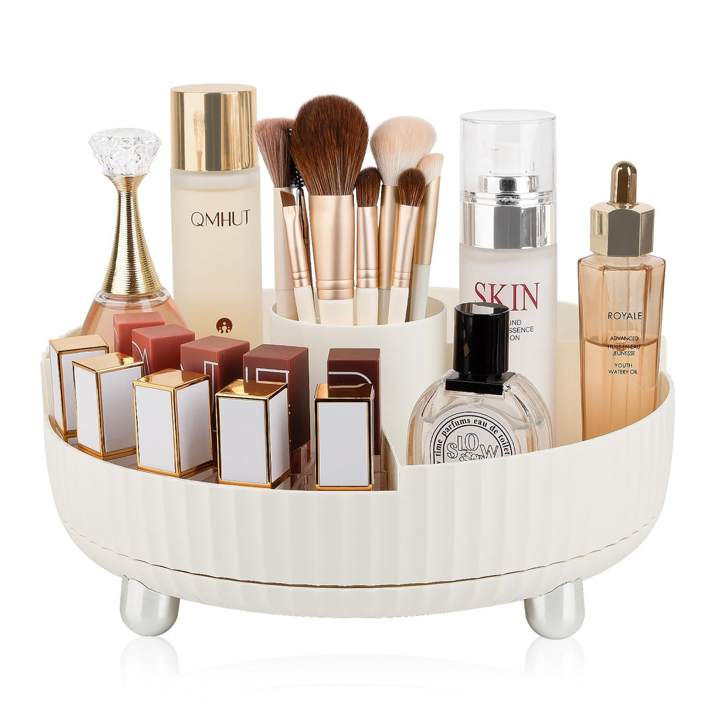 360 Rotating Makeup Perfume Organizer Skincare Tray, Small Ivory White
