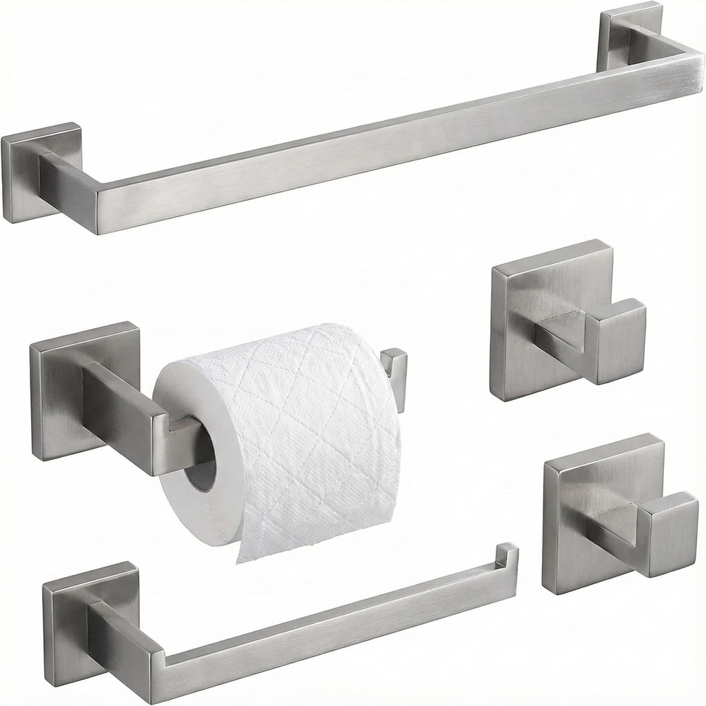 5-Piece Bathroom Hardware Set, 16 in Towel Bar, Matte Black