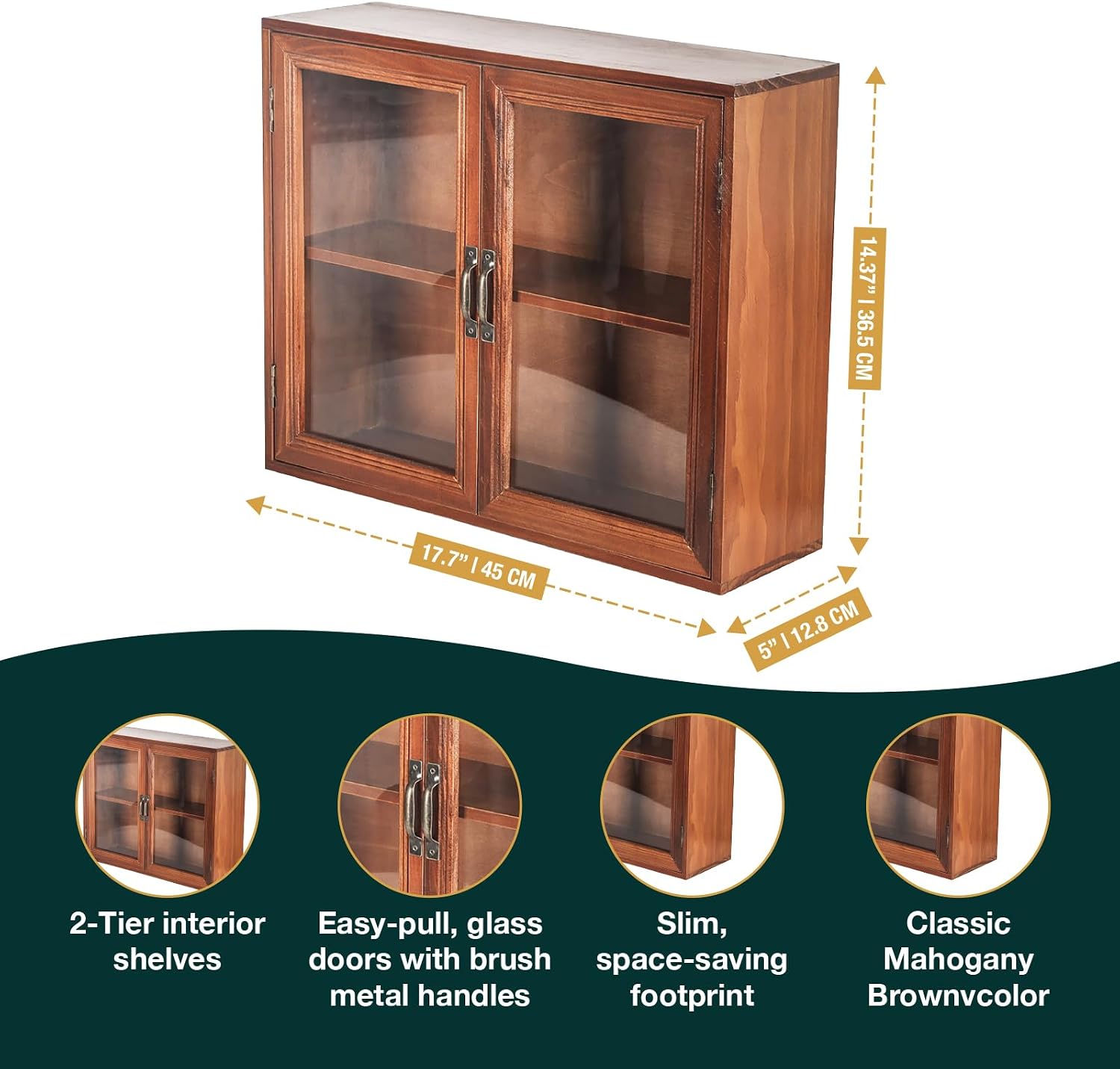 Cosmetics Display Cabinet with Clear Doors - 2-Level Wooden Tabletop Shelf Storage for Makeup, Perfumes, Skincare - Mahogany Wood Vanity Shelf Display Case - Mini Kitchen Cupboard