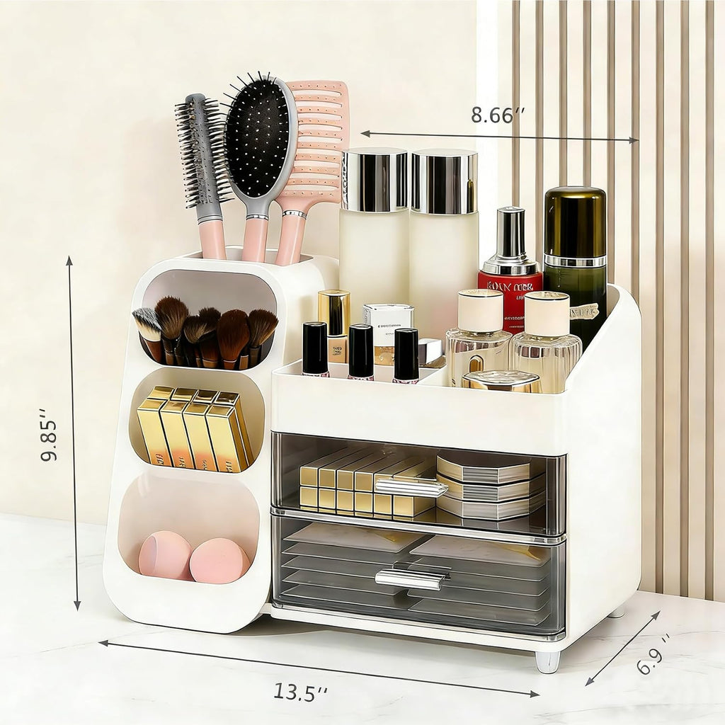 Makeup Organizer Countertop, Spacious Cosmetic Display Case with Makeup Brush Holder, Perfect Vanity Bathroom Organizer and Storage, White