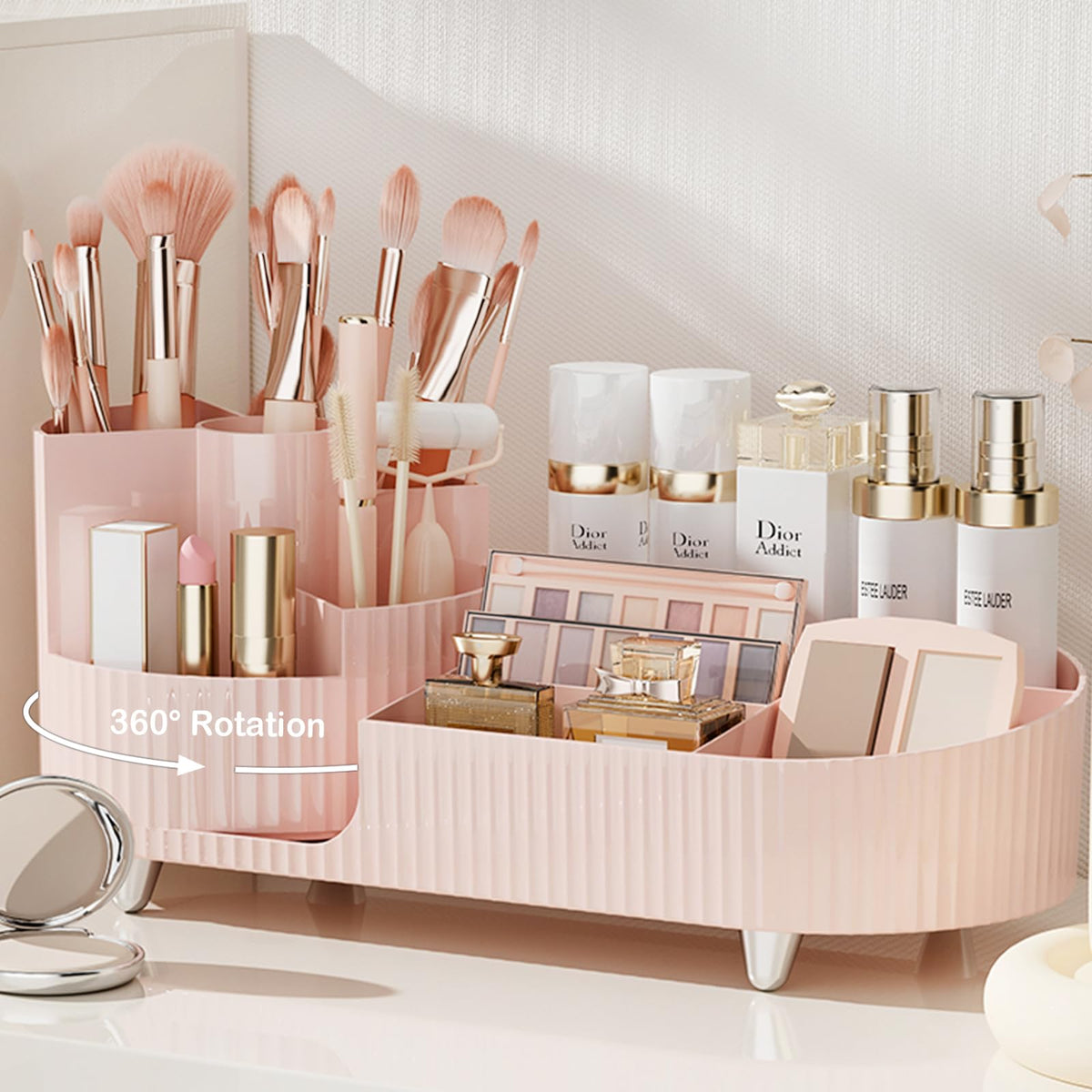 Rotating Makeup Organizer for Vanity with Brush Holder and Drawer, Cosmetic Makeup Storage, Large Spinning Makeup Skincare Organizer, Countertop Makeup Perfume Organizer, Lotions Display Case (Green)