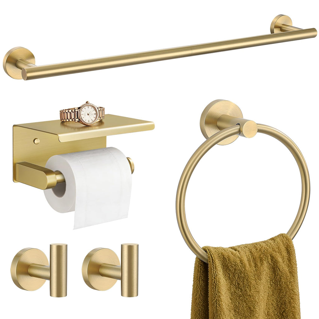 TURS Brushed Gold 5 Piece Bathroom Hardware Set, SUS304 Stainless Steel 24 Inch Bath Towel Bar Set, Round Bathroom Accessories Kit Wall Mounted