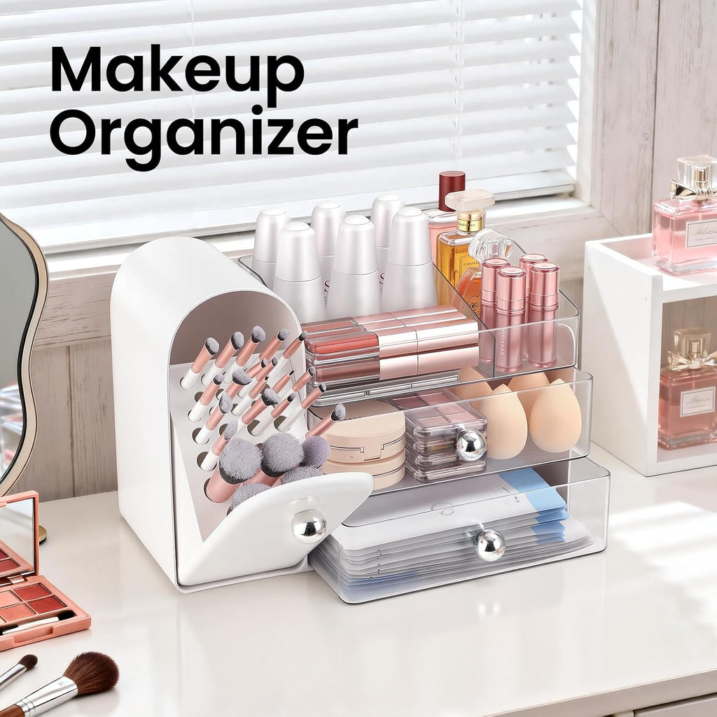 Makeup Organizer Countertop with Makeup Brush Holder,White