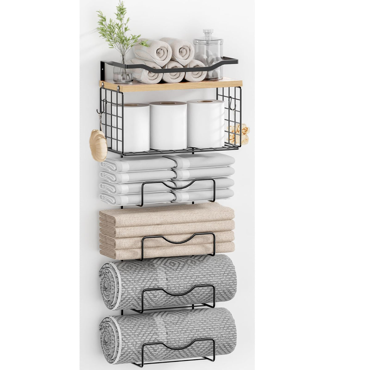 Towel Racks for Bathroom,Towel Rack Wall Mounted, 6 Tier Rolled Or Folded Towel Holder with Floating Shelves, Bathroom Towel Holder for Bath, Hand Towels,Metal and Wood