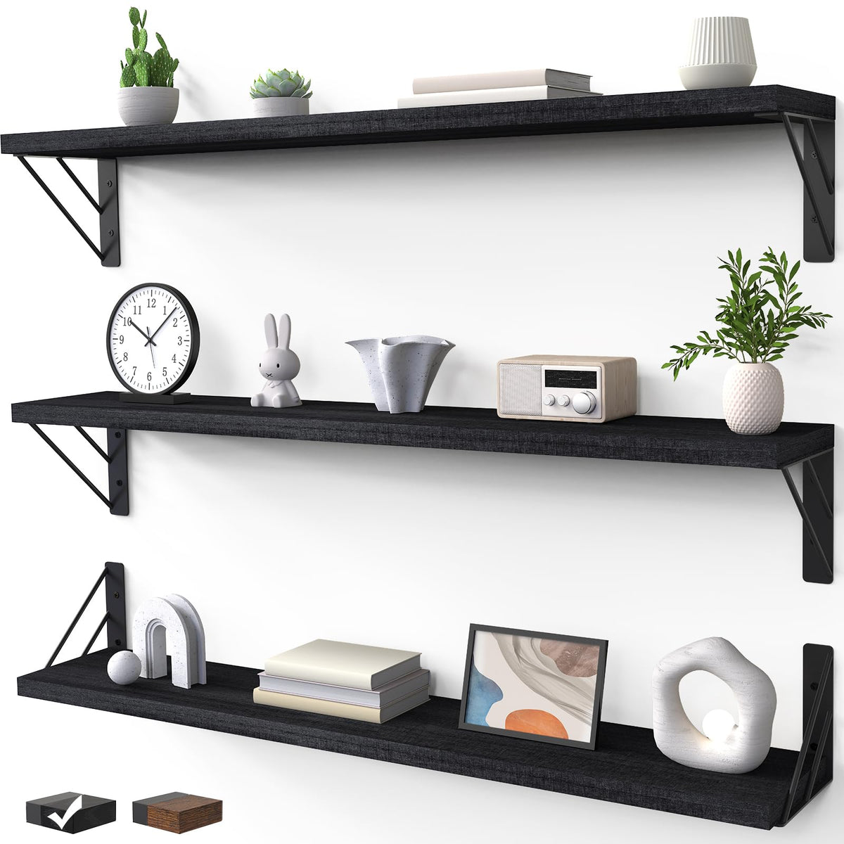 BAYKA Floating Shelves for Wall, Book Shelf for Bedroom, Decor Shelves for Living Room Kitchen, Mounted Wood Floating Shelf for Home Decor, Corner Shelf for Bathroom, Office(Dark Brown,Set of 4)
