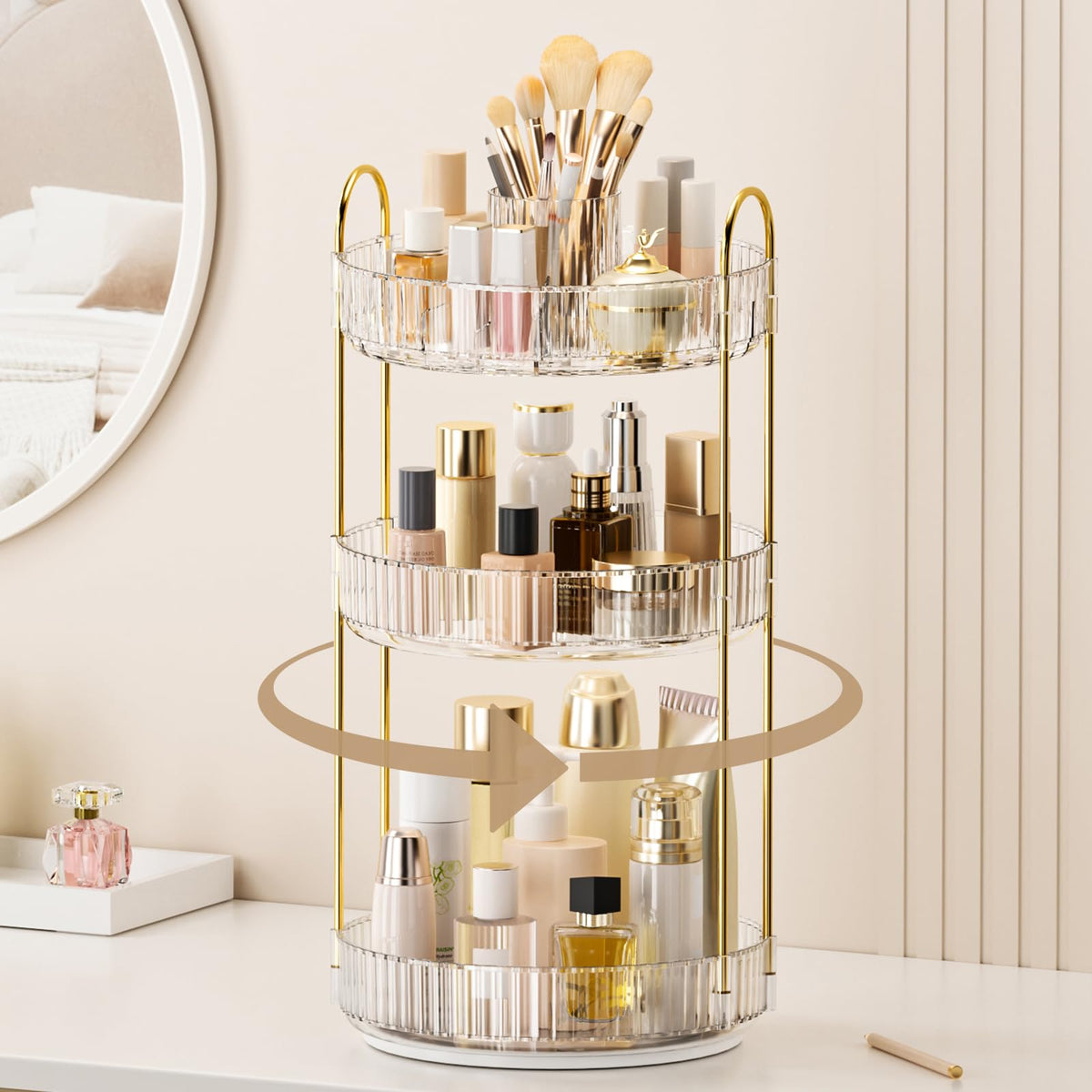 360° Rotating Makeup Organizer, Upgraded 3 Tier Skincare Perfume Organizers for Women, Bathroom Organizer Countertop, Clear Cosmetic Dresser Organizer with Makeup Brush Holder, Sink&Counter(Amber)