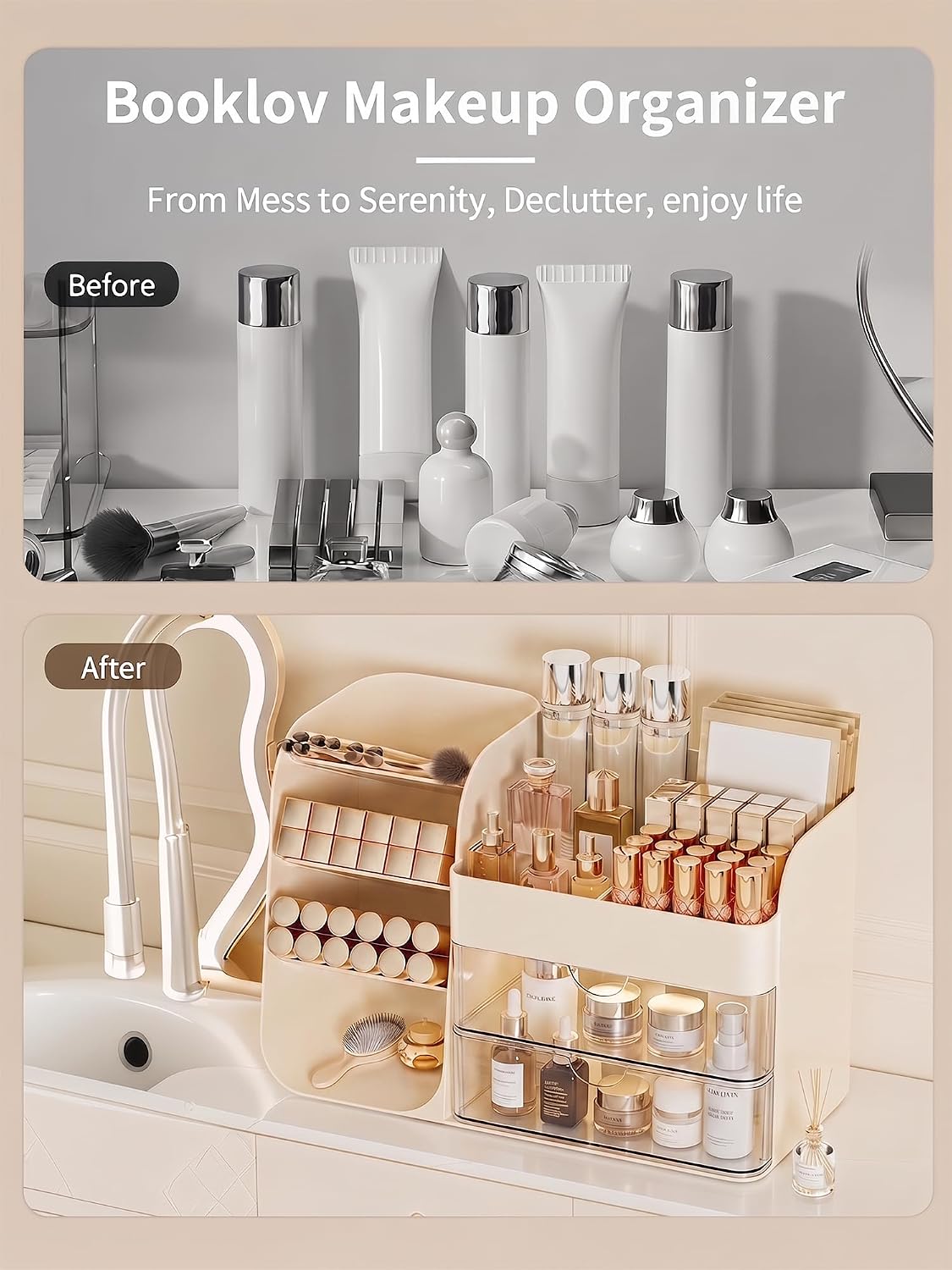 Booklov Small Makeup Organizer for Vanity Countertop, Cream
