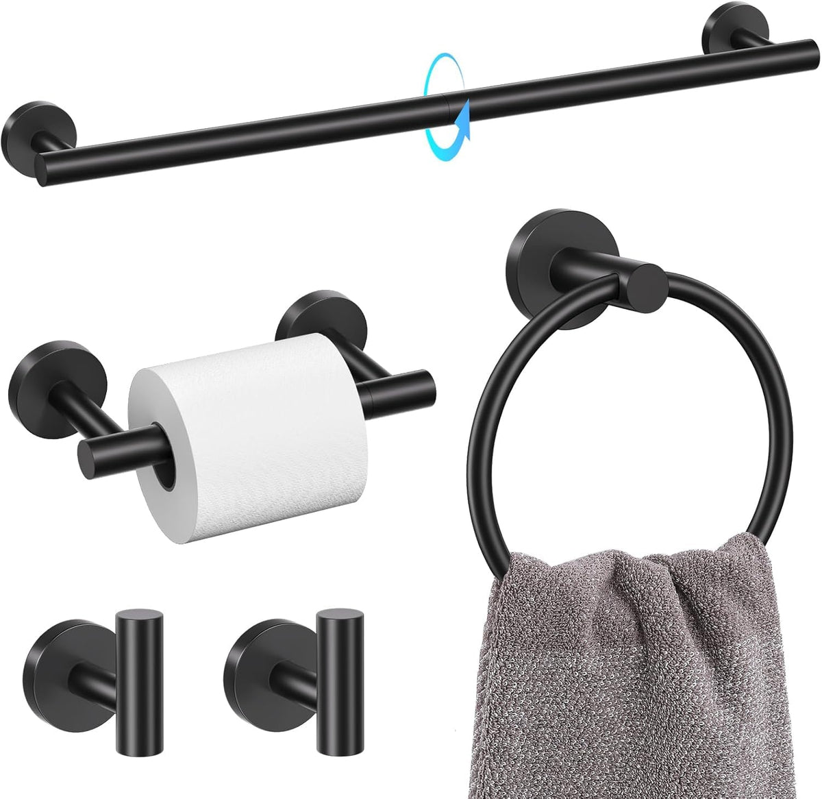 TURS Brushed Gold 5 Piece Bathroom Hardware Set, SUS304 Stainless Steel 24 Inch Bath Towel Bar Set, Round Bathroom Accessories Kit Wall Mounted