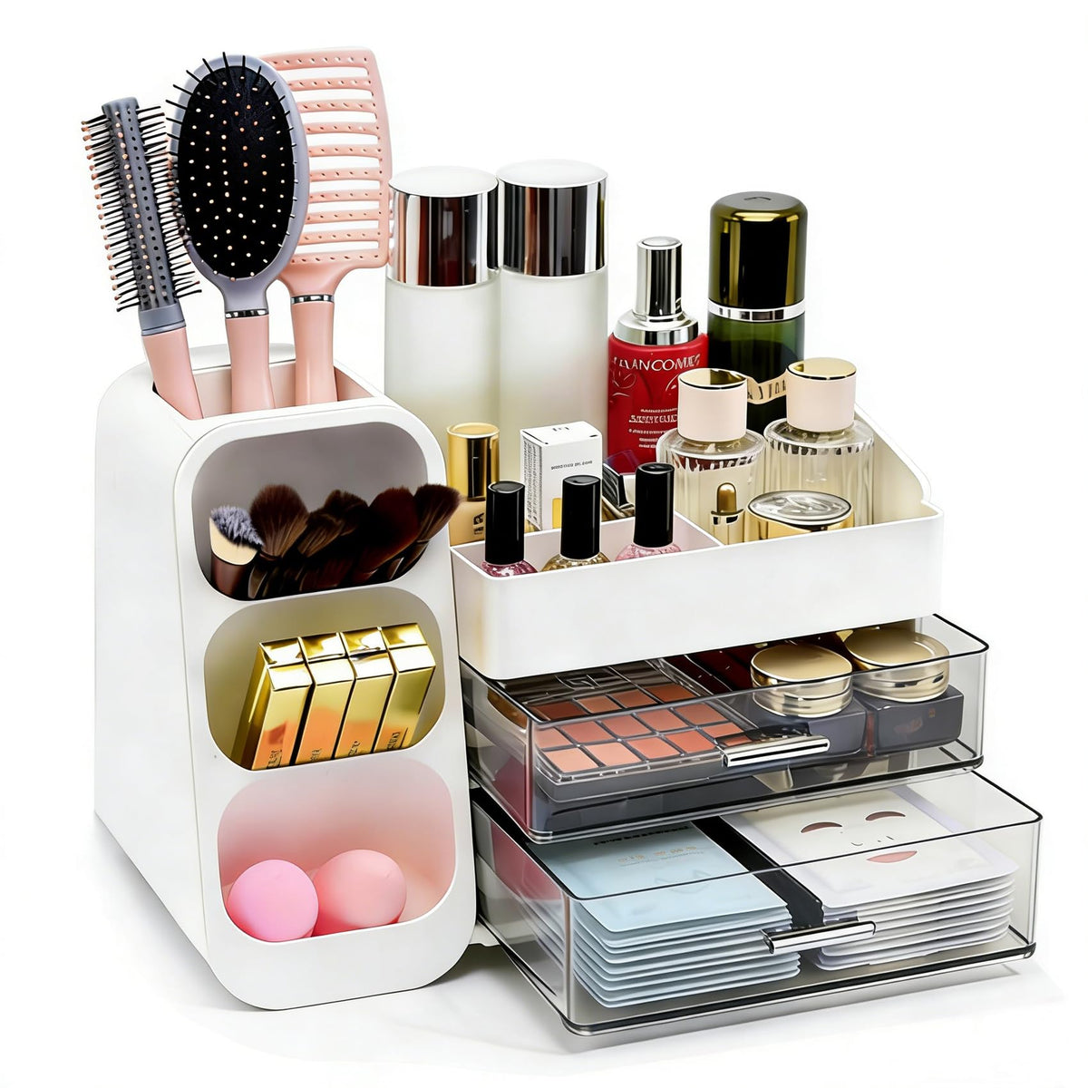 Makeup Organizer Countertop, Spacious Cosmetic Display Case with Makeup Brush Holder, Perfect Vanity Bathroom Organizer and Storage, White