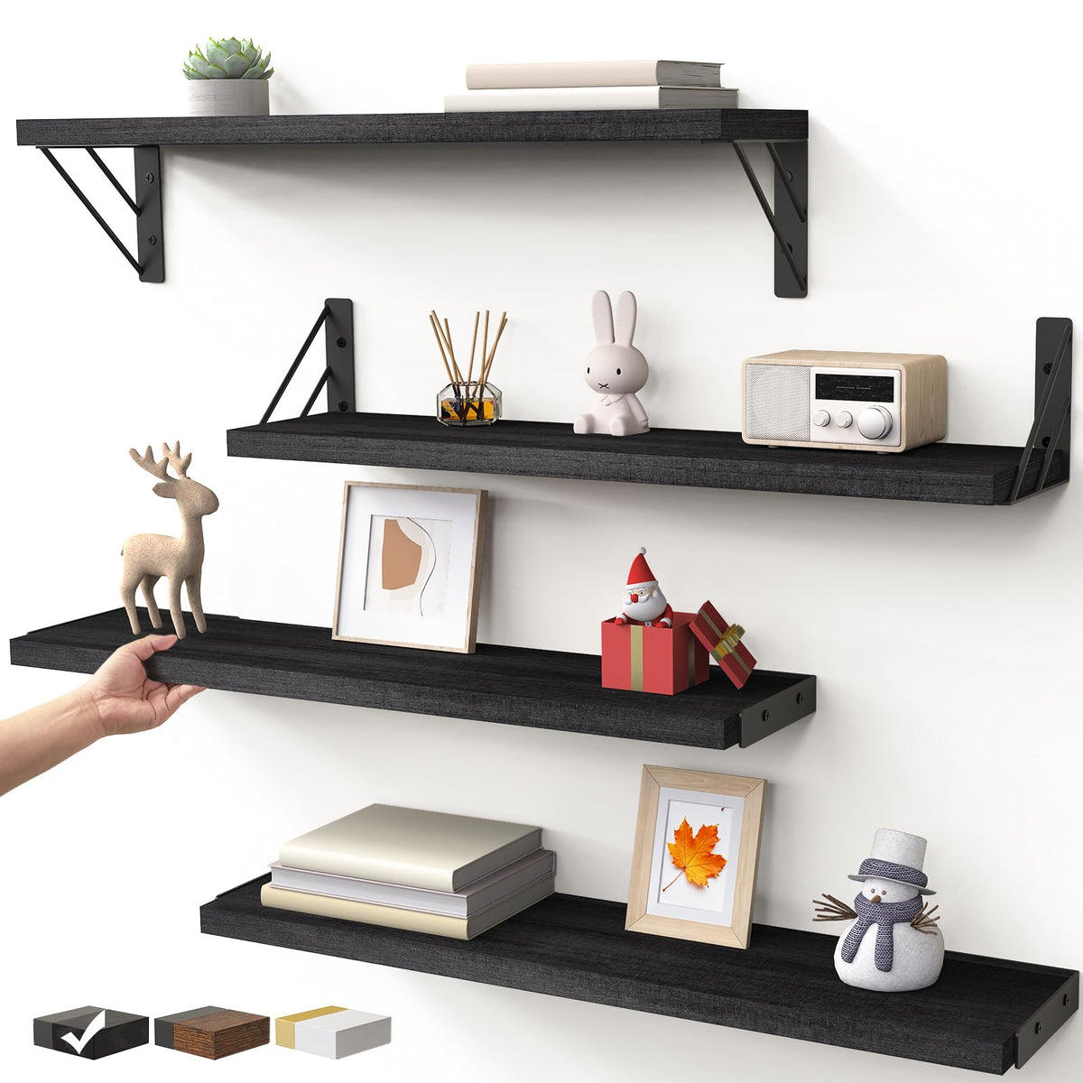BAYKA Wall Mounted Floating Shelves, Wood Floating Wall Shelf for Books & Decor, Small Space-Saving Display & Organizer（Black，Set of 4）