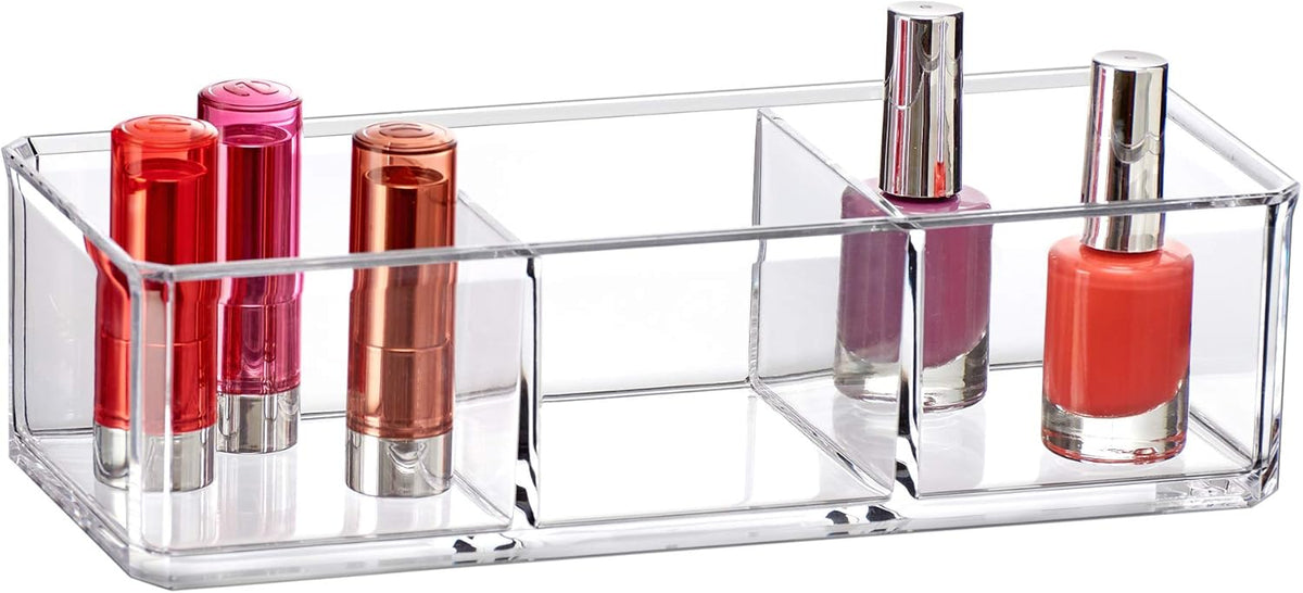 Amazing Abby - Glamour - 2-Pack Acrylic 3-Compartment Makeup Organizer, Transparent Plastic Lipstick Holder, Perfect Bathroom Vanity Storage Solution for Lipsticks, Nail Polishes, and More