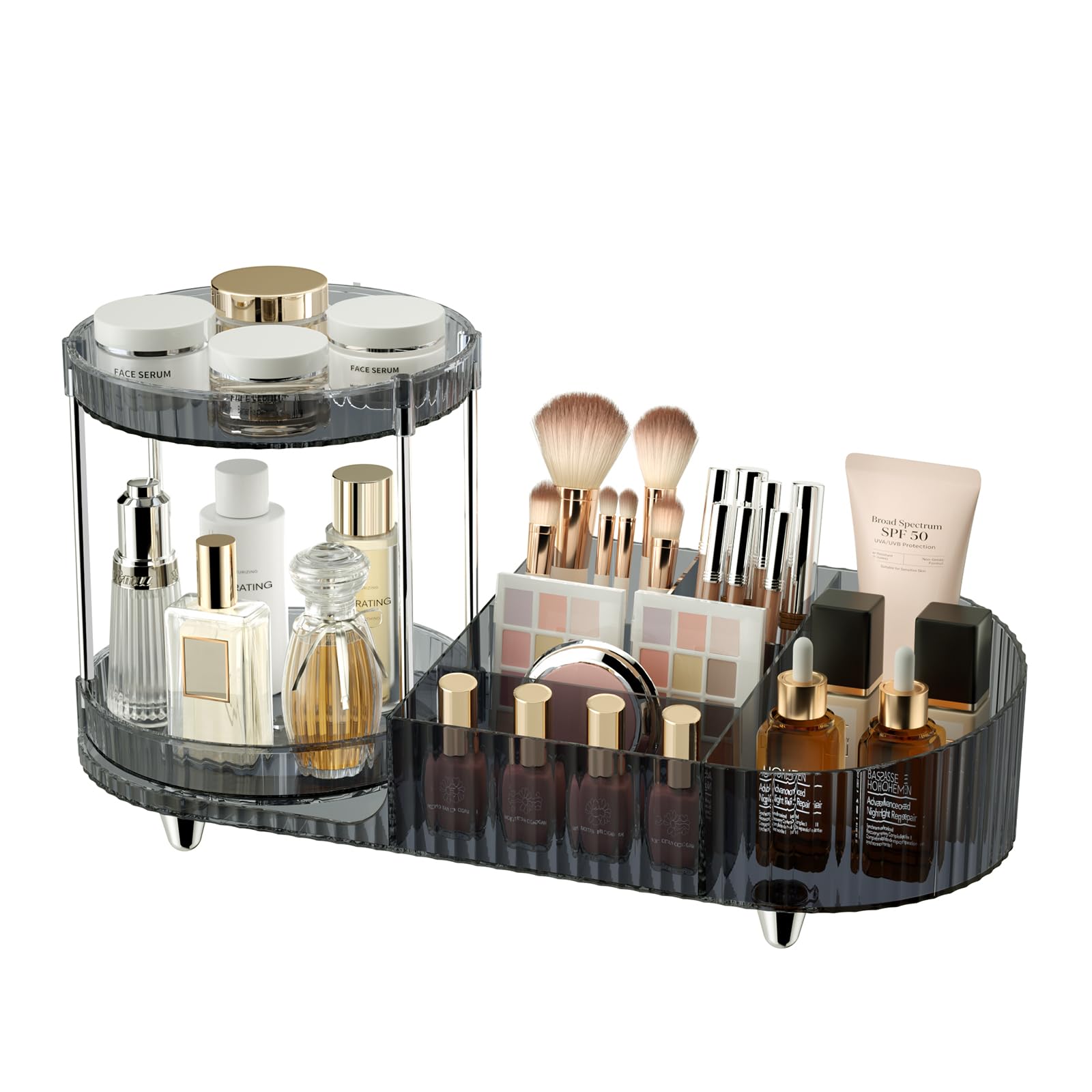 Makeup Organizer Countertop for Vanity, Rotating Perfume Tray with 5-compartment Cosmetic and Skincare Organizers, Multi-Purpose Desk Storage Makeup Brush Holder for Bathroom Bedroom Counter