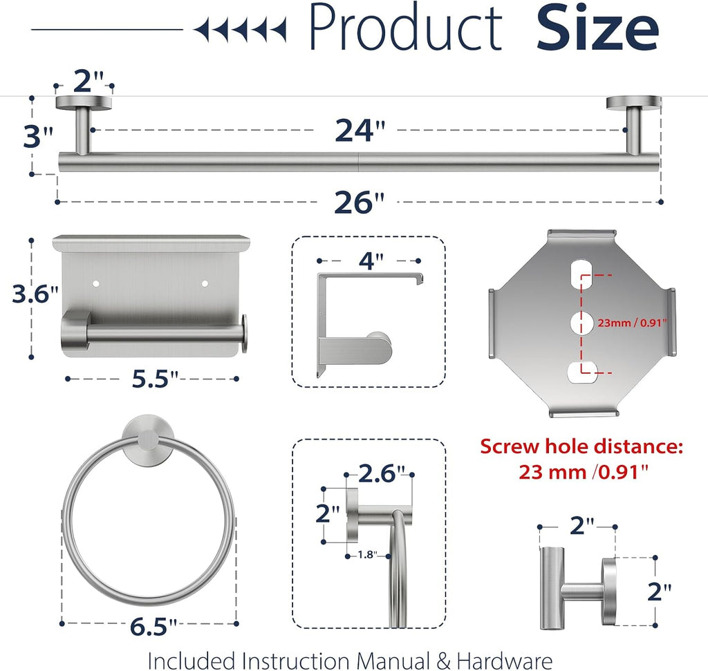 5-Piece Brushed Nickel Bathroom Towel Bar Set,24" Bathroom Hardware Kit