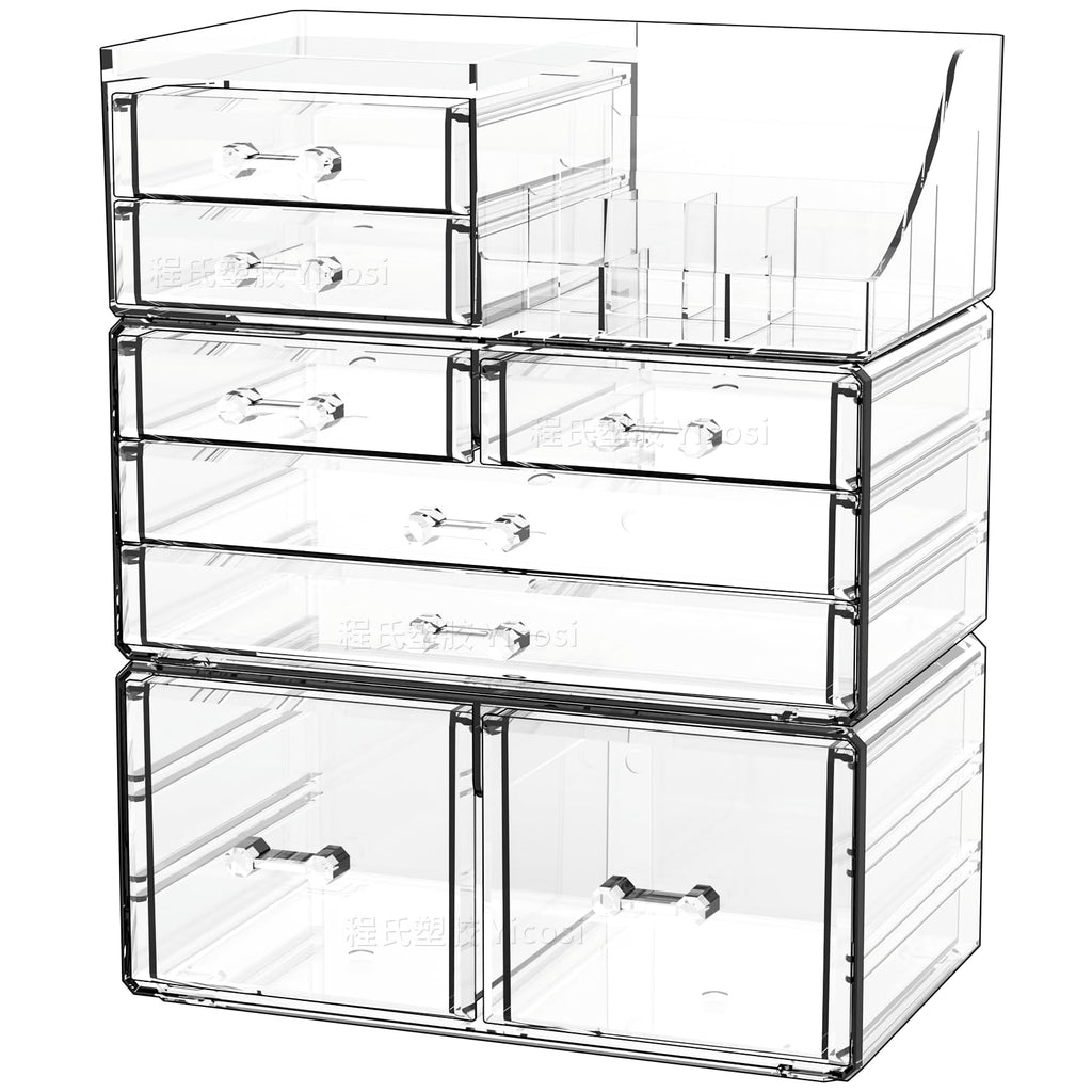 Cq acrylic Make Up Organizers for Vanity With 14 Drawers, 4 Pack Clear Drawer Organizers,Plastic Cute Desk Accessories Organization and Bathroom Organizers Storage Case Box Cube for Beauty,Skin Care